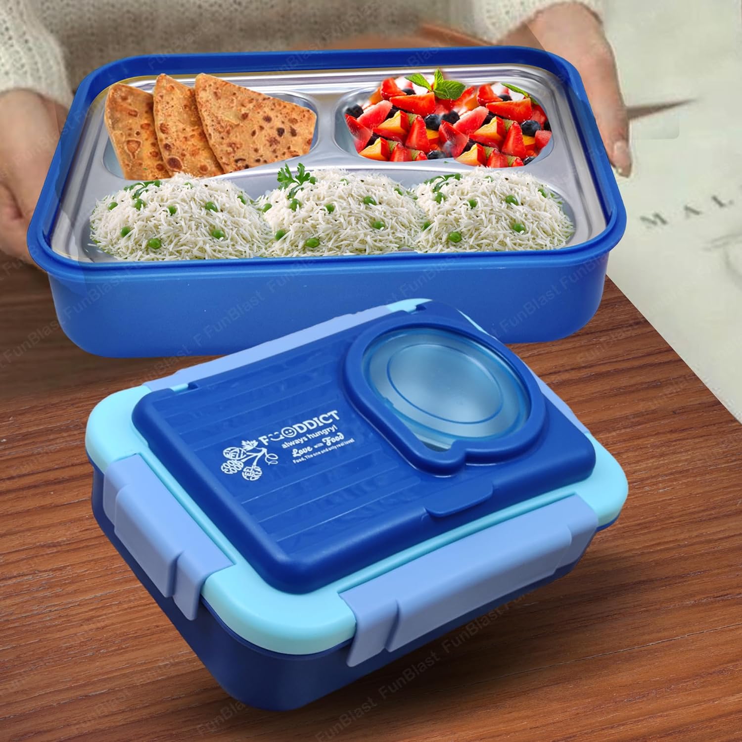 Lunch Box for Kids – Stainless Steel Lunch Box, 6 Compartment Lunch Box with Bowl, Spoon, Fork & Chopstick, Tiffin Box, Lunch Boxes for Office Men, Insulated Bento Lunch Box for Kids (Blue)