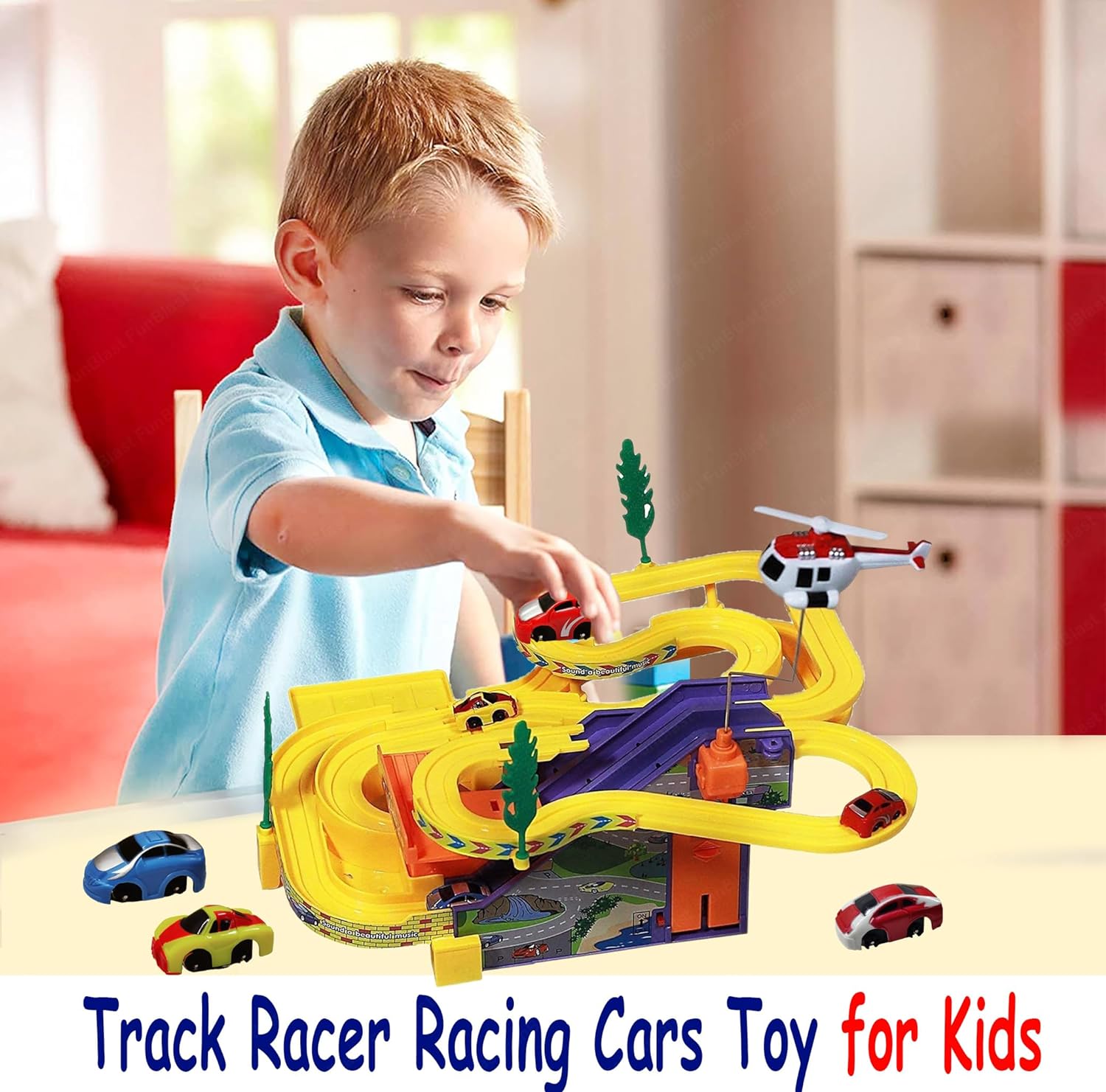 Track Racing Set with 4 Pcs Gliding Cars, Track Racer with Sound & Lights for Kids