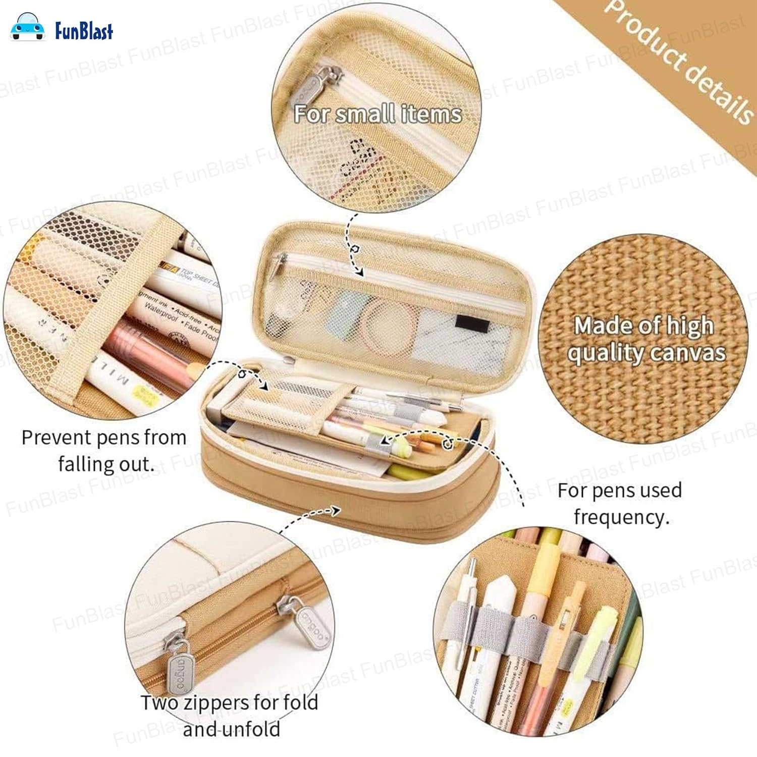 Multi-Compartment Double Zipper Portable Pencil  Pouch for Kids (Khaki)