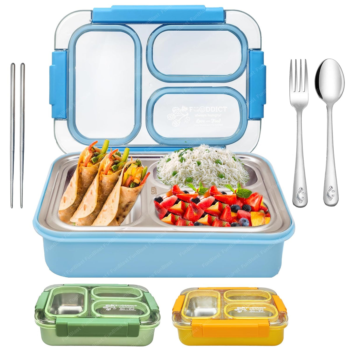 Lunch Box for Kids – Tiffin Box, Stainless Steel Lunch Boxes for Office Men, 3 Compartment Lunch Box with Spoon, Fork & Chopstick (-Random Color)