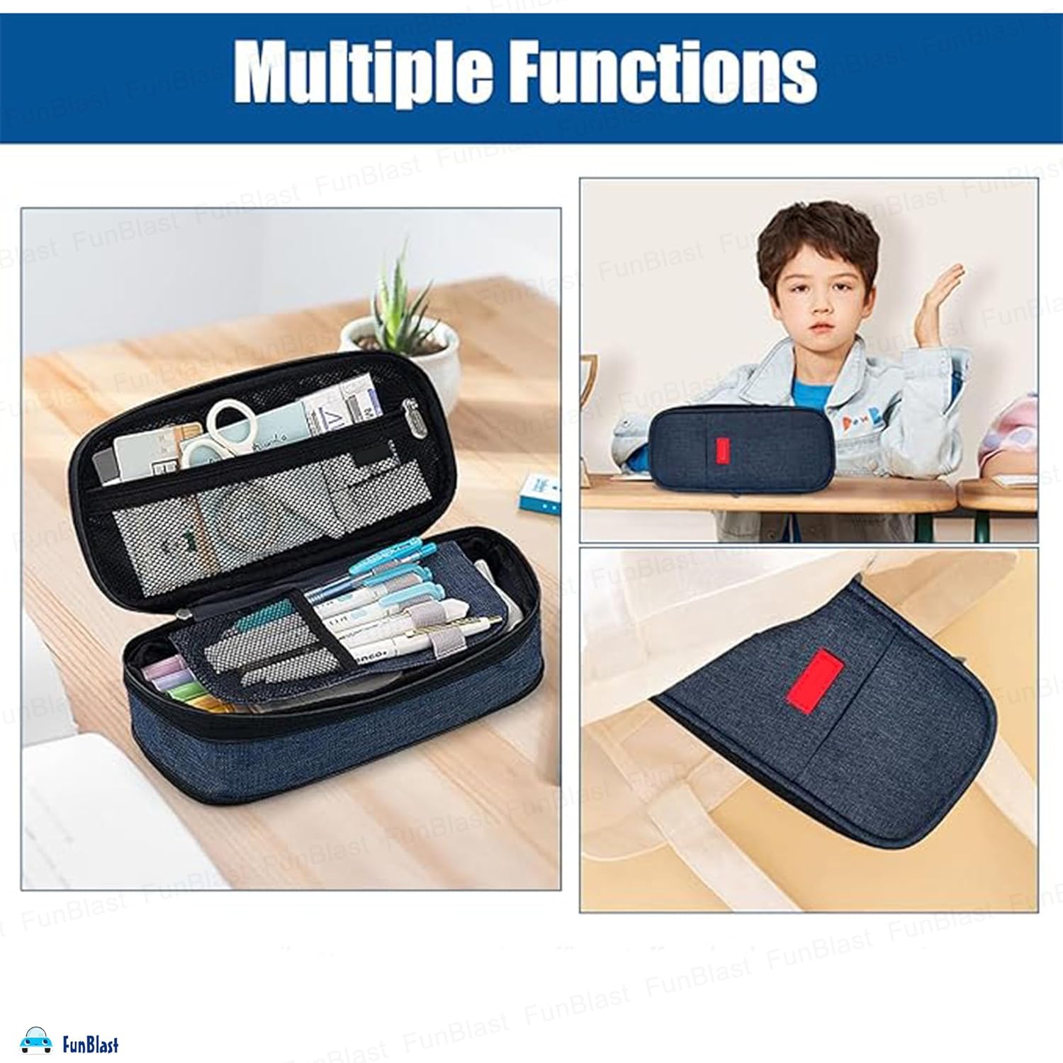 Multiple Compartment Double Zipper Portable Pouch for Kids (Blue)