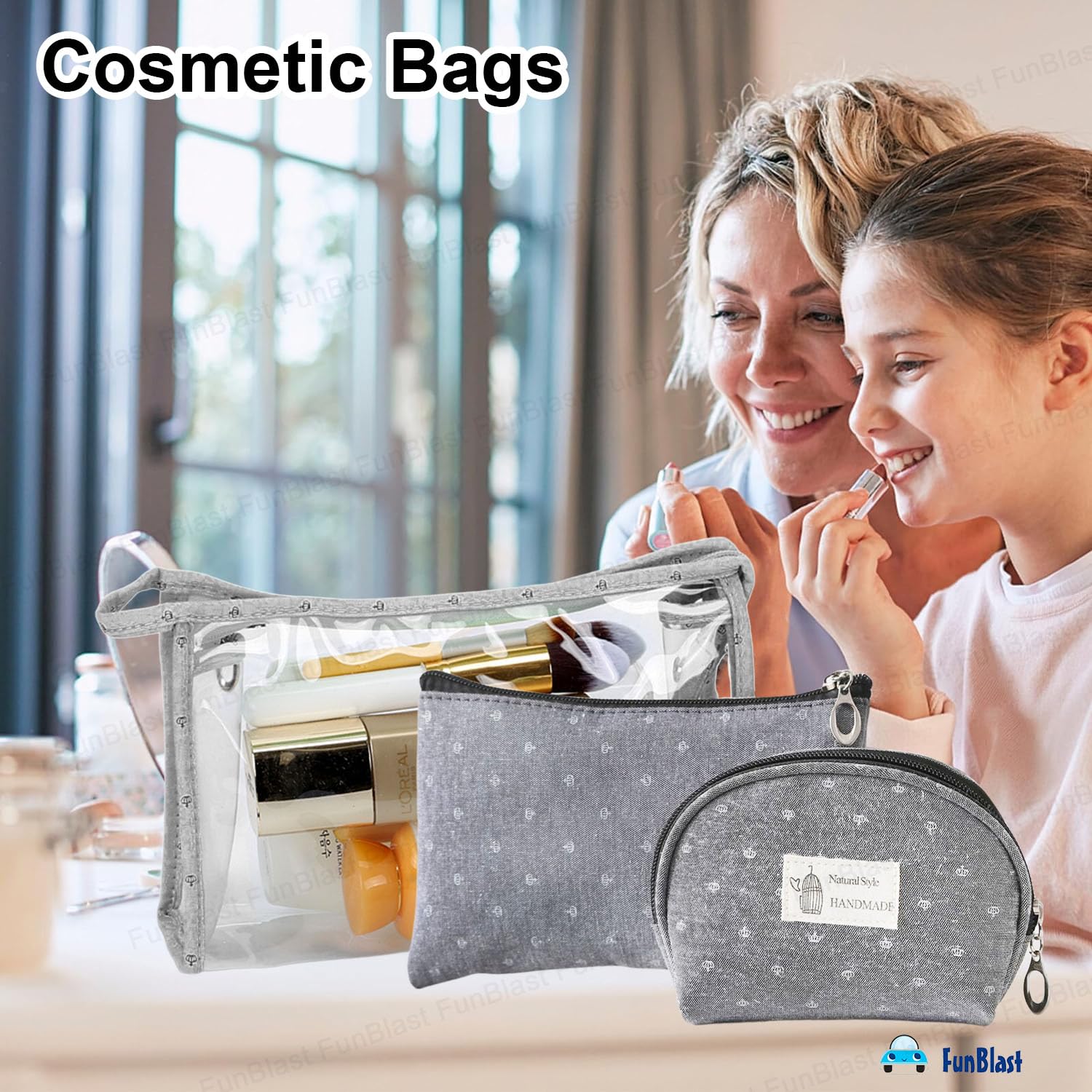 3 Pcs Cosmetic Makeup Pouch with Zipper Lock for Women (Grey)