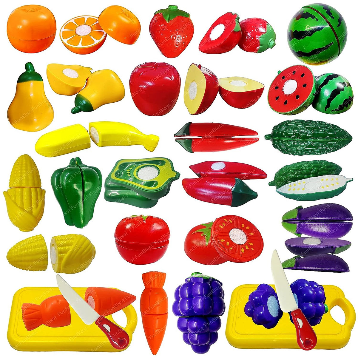 Fruits and Vegetables Play Set Toys - Realistic Sliceable Cutting Fruits and Vegetable Pretend Play Kitchen Toys for Kids, Fruit Vegetable Toys with Chopping Board & Knife