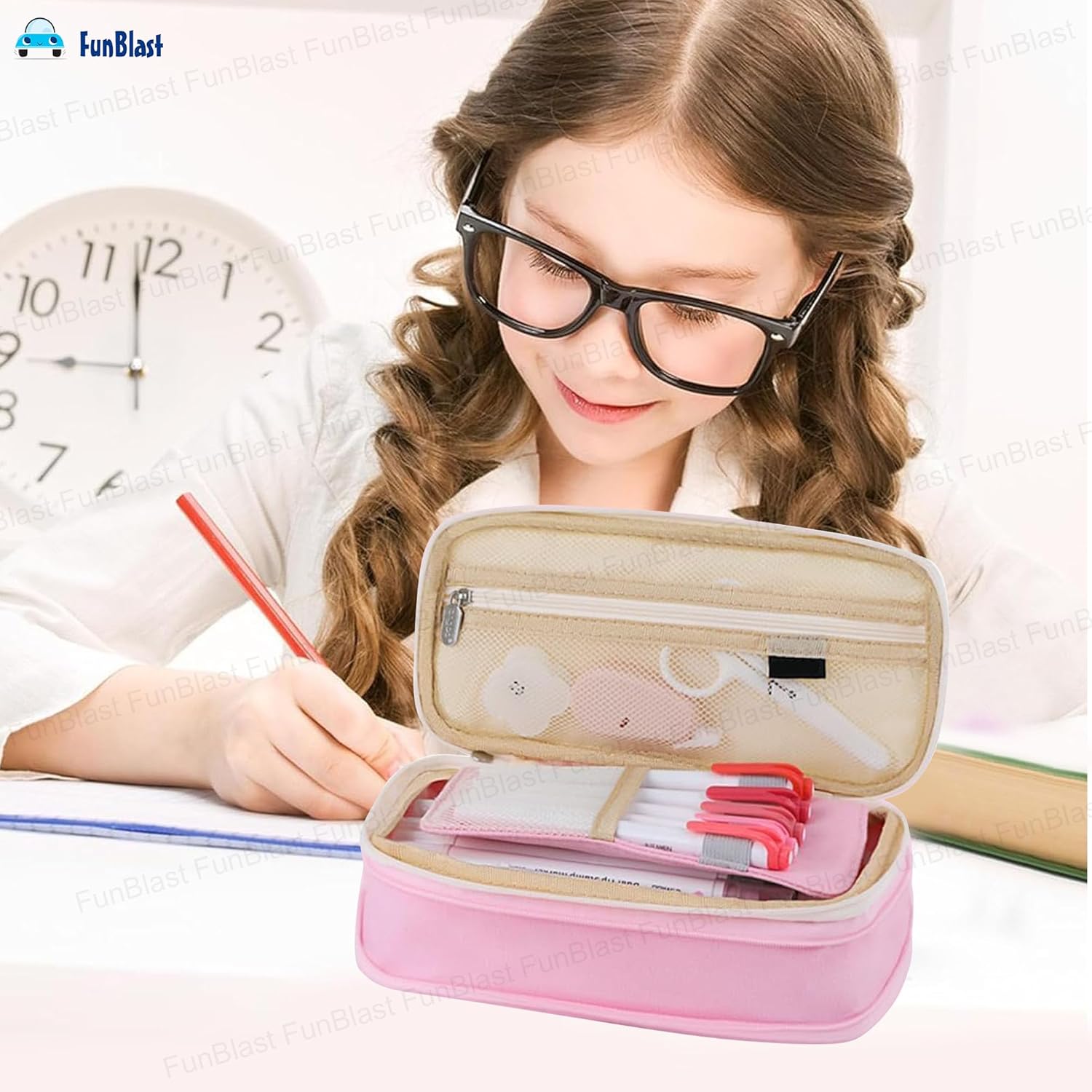 Multi-Compartment Double Zipper Portable Pencil Pouch for Kids (Pink)