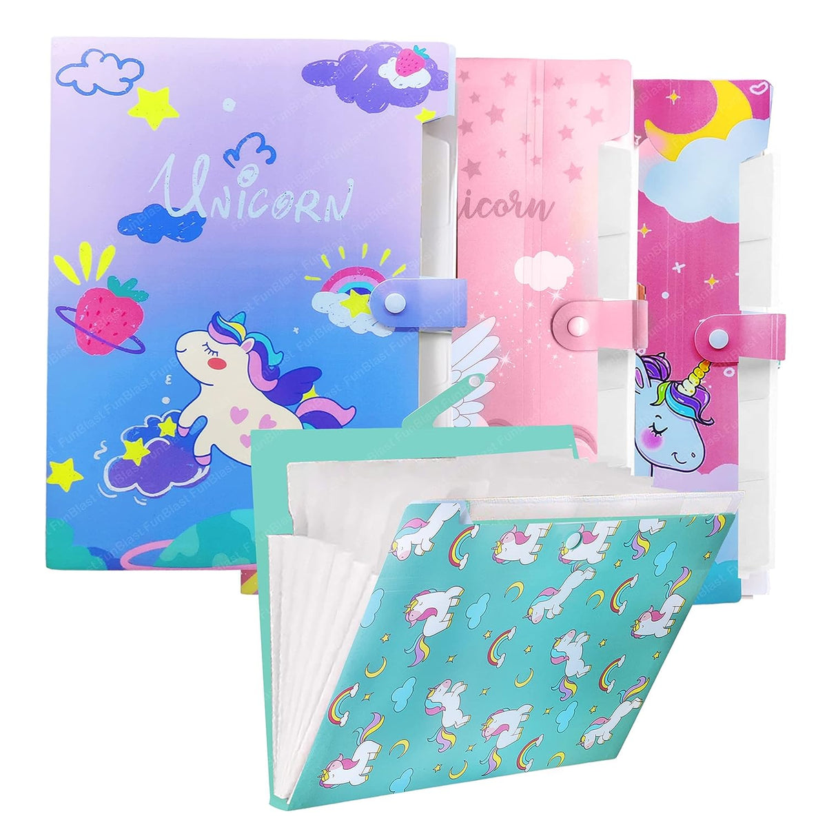 Unicorn File Folder with Button Lock – Pack of 4 Pcs Unicorn Theme Certificates Holder with 6 Pockets, Office Documents File, Expandable Folders for Documents (Pack of 4)