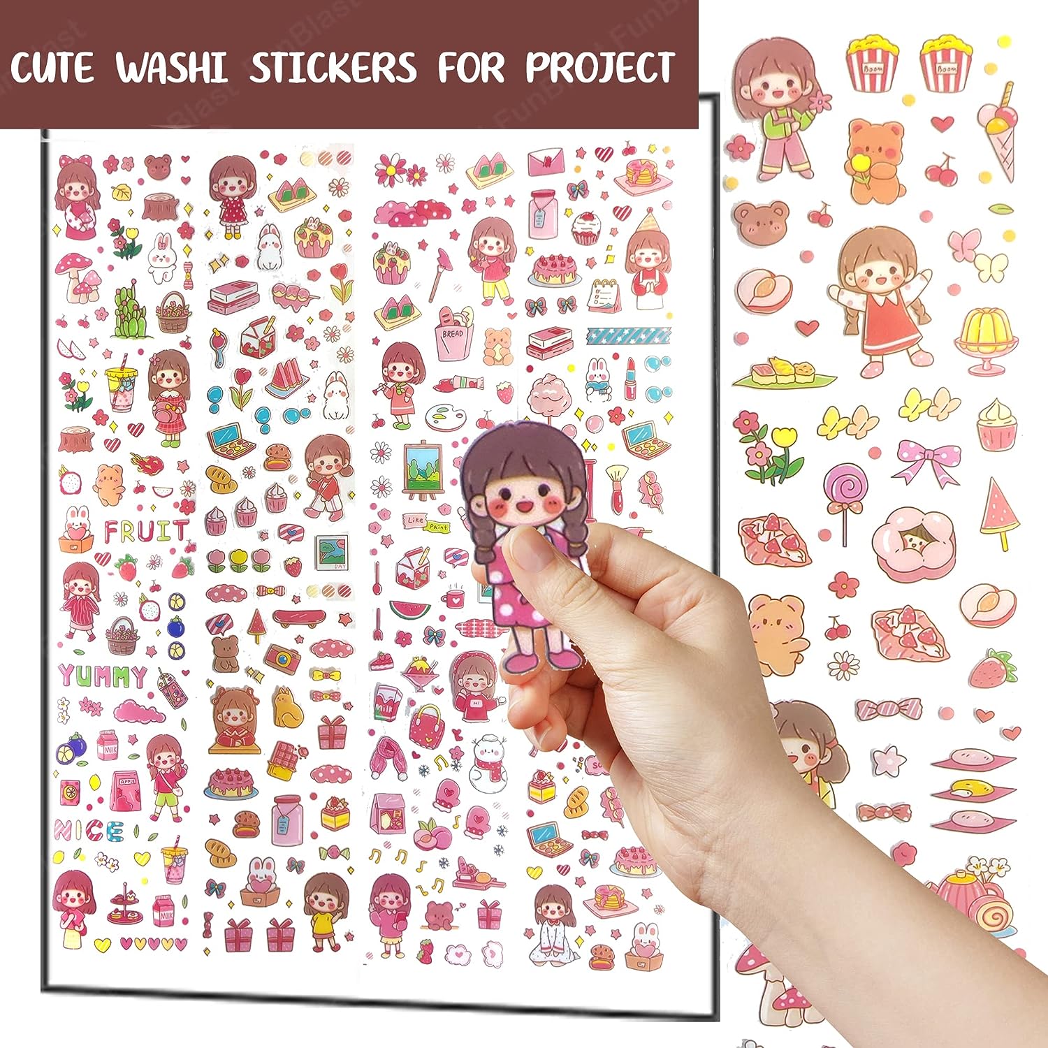 Cute Cartoon Theme Kawaii Stickers - 60 PET Sheets Cute Washi Stickers for Project, Japanese Style Girls Sticker Set, Size of Each Sheet - 40 X 8 CM (Color and Design May Vary)