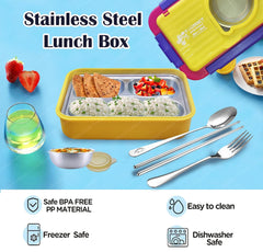 Lunch Box for Kids – Stainless Steel Lunch Box, 6 Compartment Lunch Box with Bowl, Spoon, Fork & Chopstick, Tiffin Box, Insulated Bento Lunch Box for Kids (Yellow)