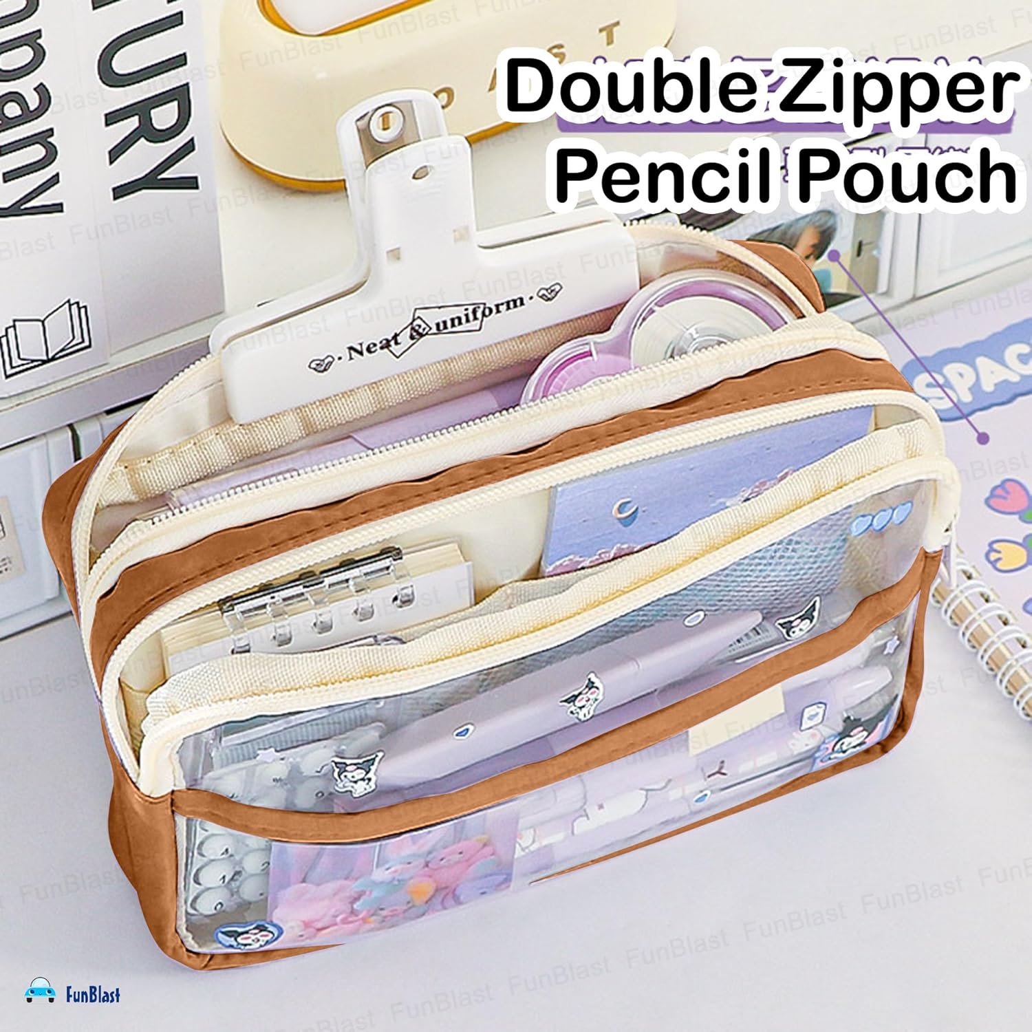 Multiple Compartment Double Zipper Pencil Pouch for Kids (Brown)