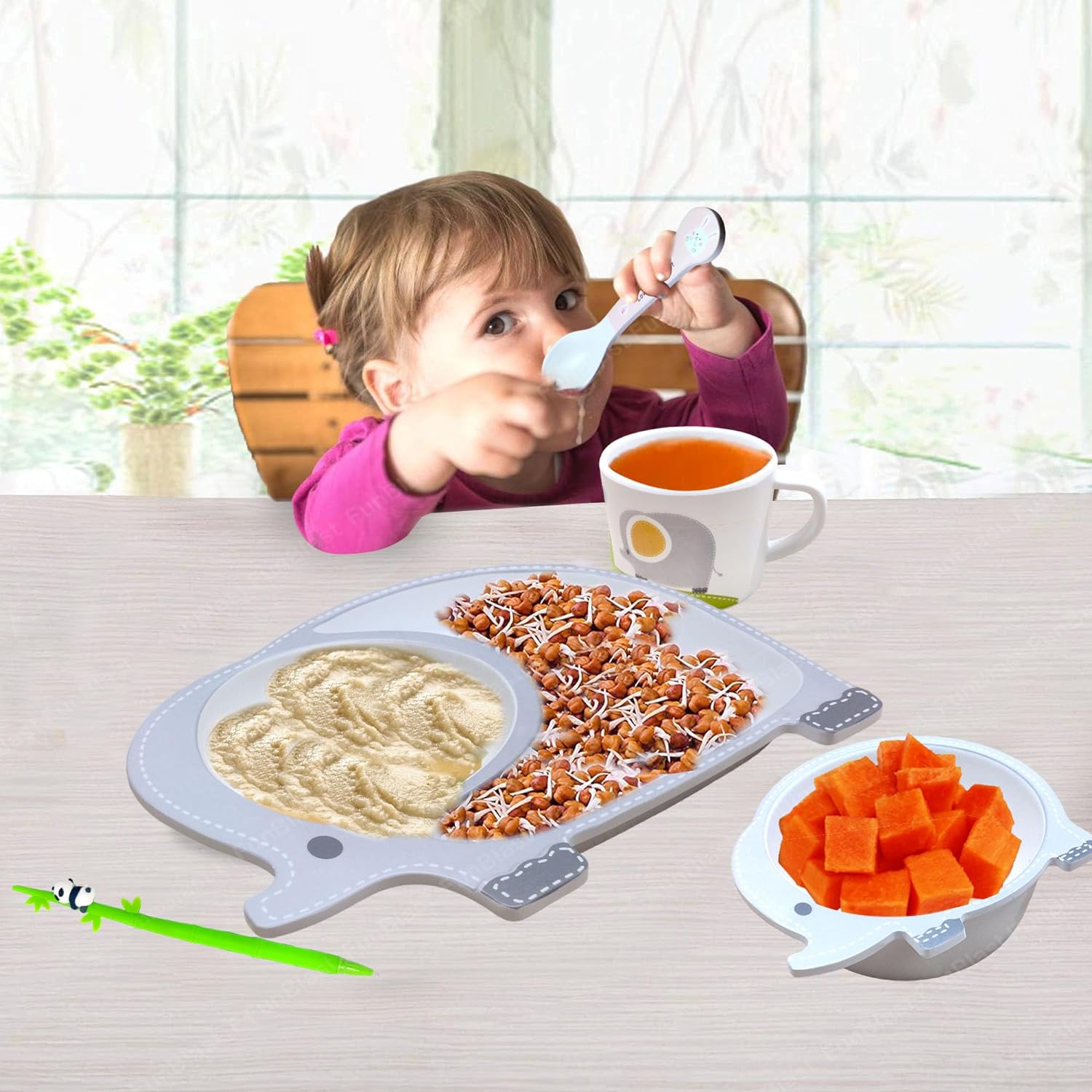 Bamboo Fiber Feeding Tableware Set for Kids – Elephant Design Bamboo Fiber Plate, Bowl, Cup, Spoon and Fork Kids