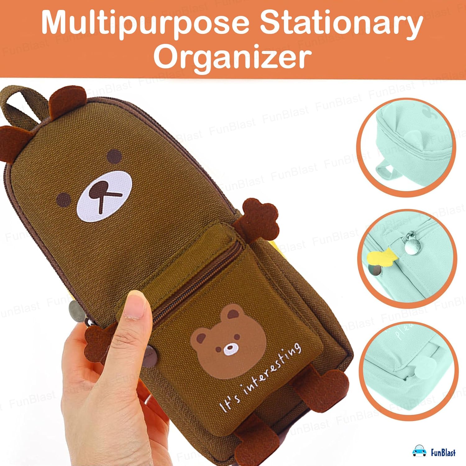 Hangable Canvas Pencil Pouch for Kids (Brown-Bear)