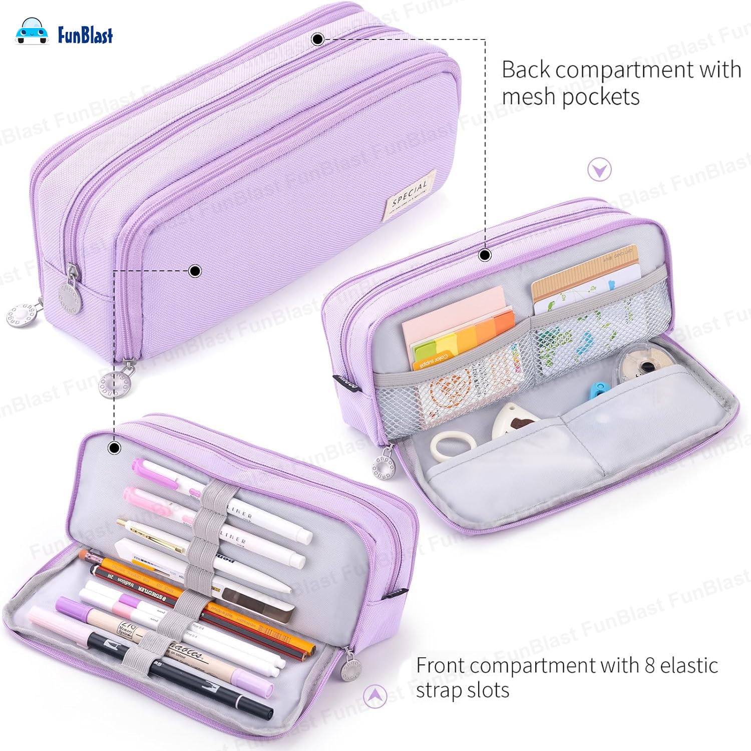 Multi-Compartment Canvas Stationery Organizer Pouch for Kids (Purple)