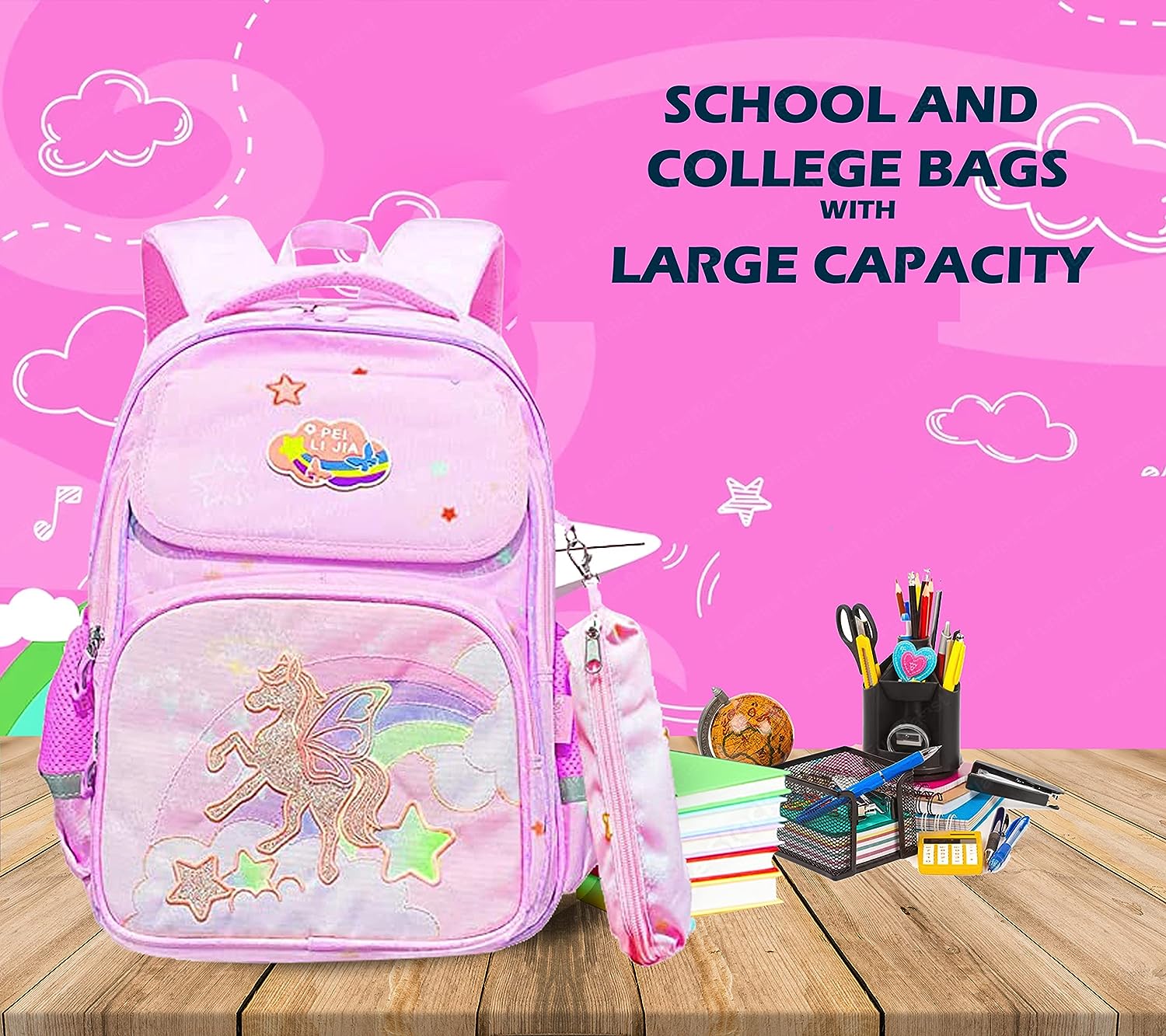 Unicorn Backpack for Children - School Bag for Student, Orthopedic School Bags, Lightweight Large Capacity Bag for Boys Girls Kids, Travel Bag, Picnic Bag (39 X 31 X 20 CM)