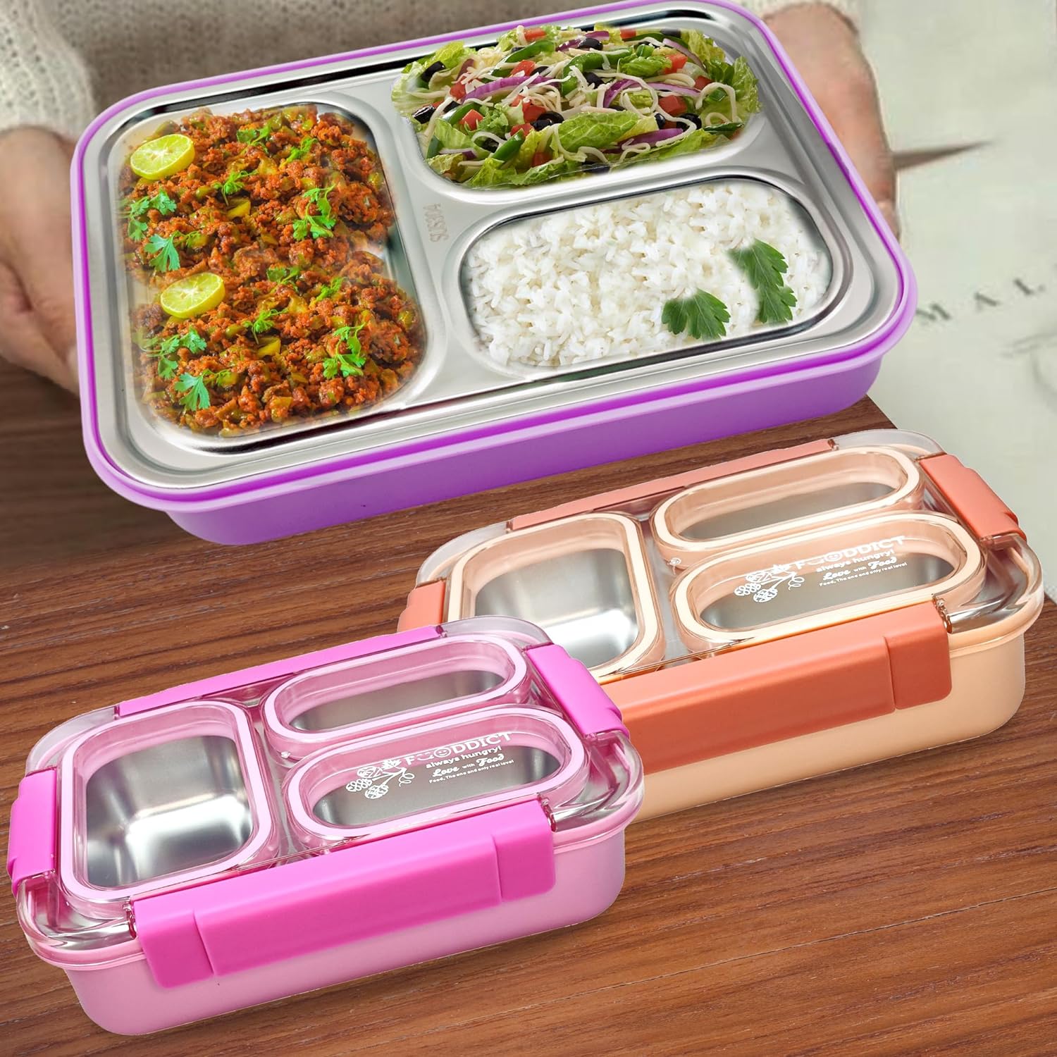 Lunch Box for Kids – Tiffin Box, Stainless Steel Lunch Boxes for Office Men, 3 Compartment Lunch Box with Spoon, Fork & Chopstick (Random Color)