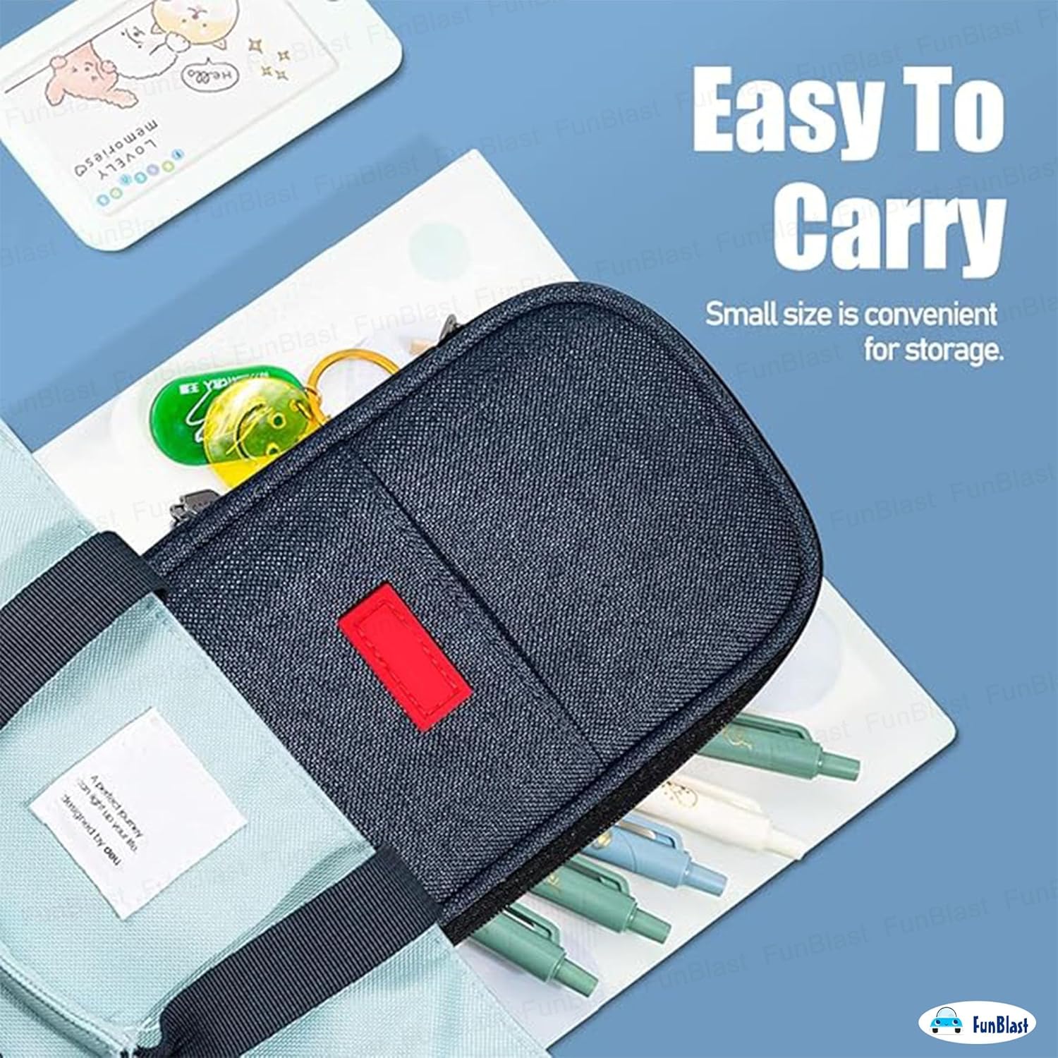 Multiple Compartment Double Zipper Portable Pouch for Kids (Blue)