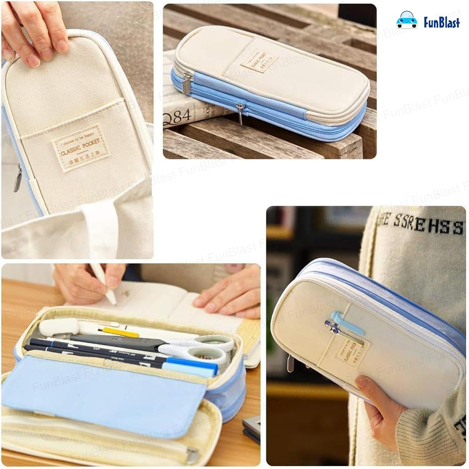 Multi-Compartment Double Zipper Portable Pencil  Pouch for Kids (Sky Blue)