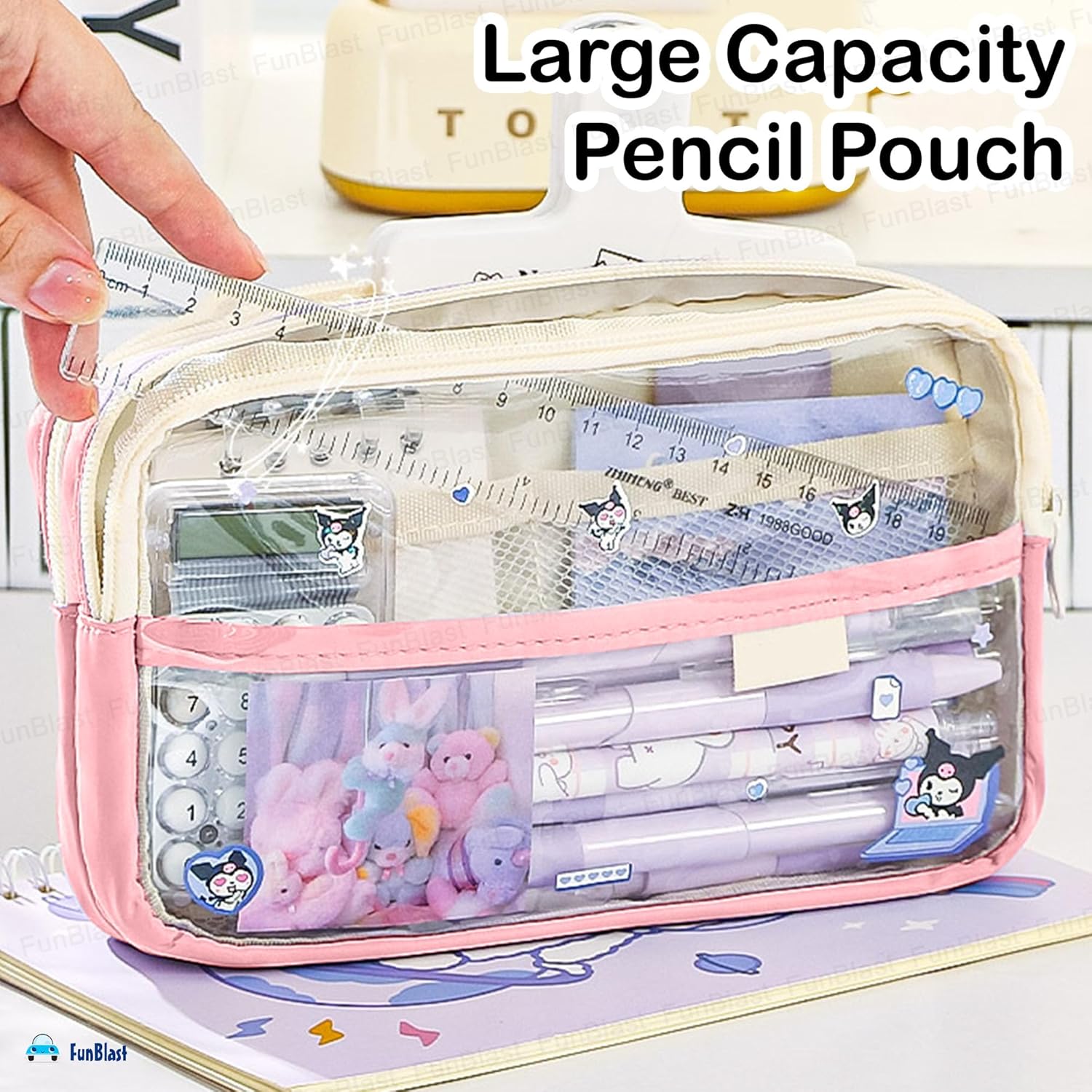 Multiple Compartment Double Zipper Pencil Pouch for Kids (Pink)