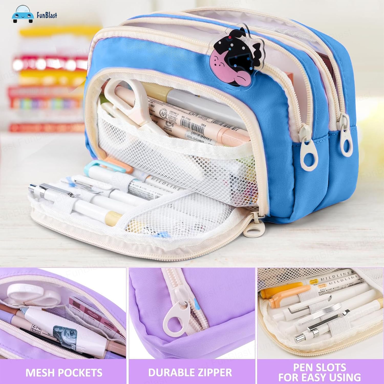 Multiple Compartment Portable Stationary Organizer Bag for Kids (Blue)