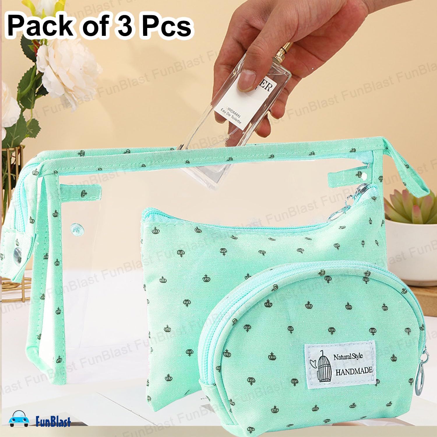 3 Pcs Cosmetic Pouch Makeup Pouch with Zipper Lock (Light Blue)