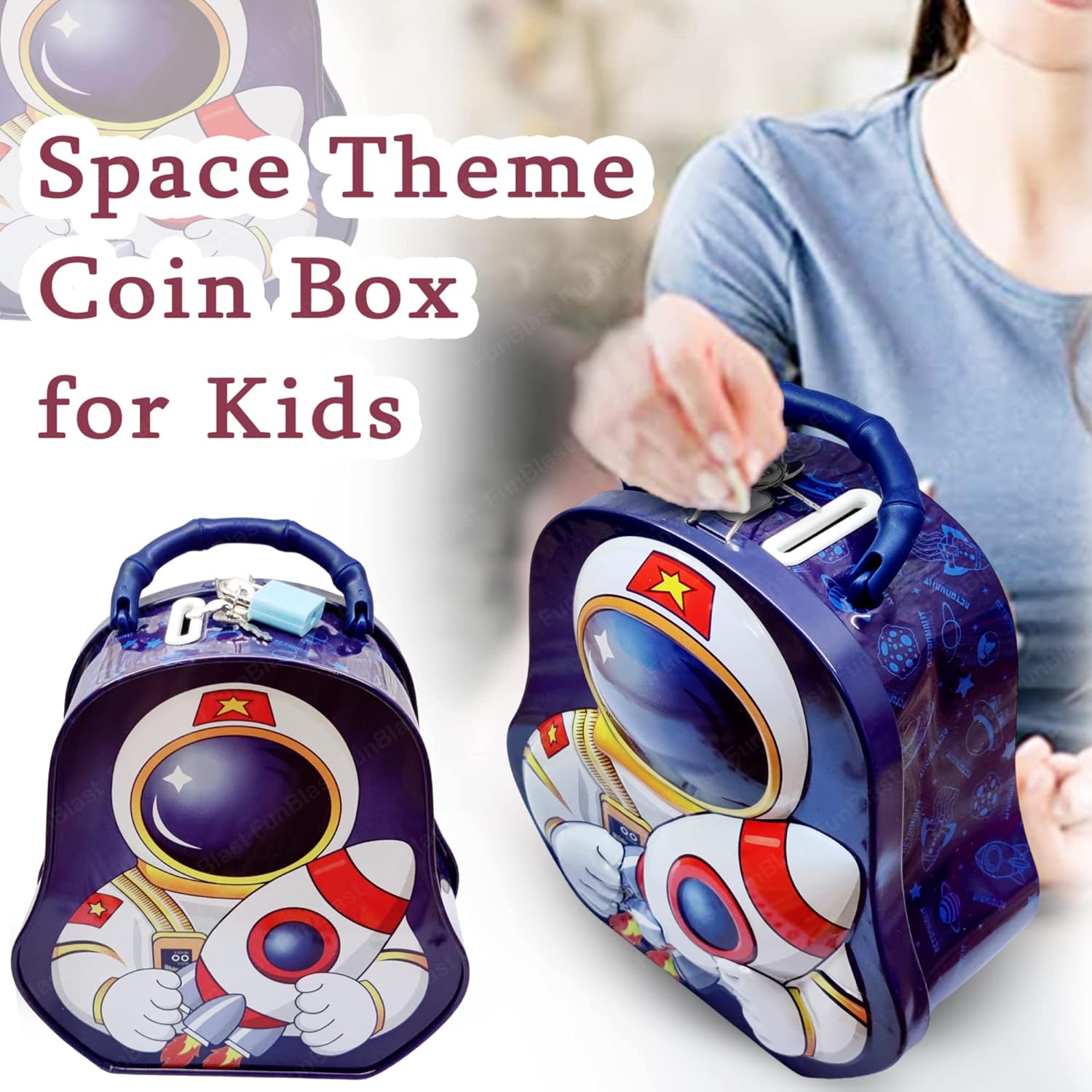 Piggy Bank for Kids – Space Theme Coin Box, Coin Bank with Lock and Key, Metal Coin Box for Kids, Money Bank, Coin Box for Girls