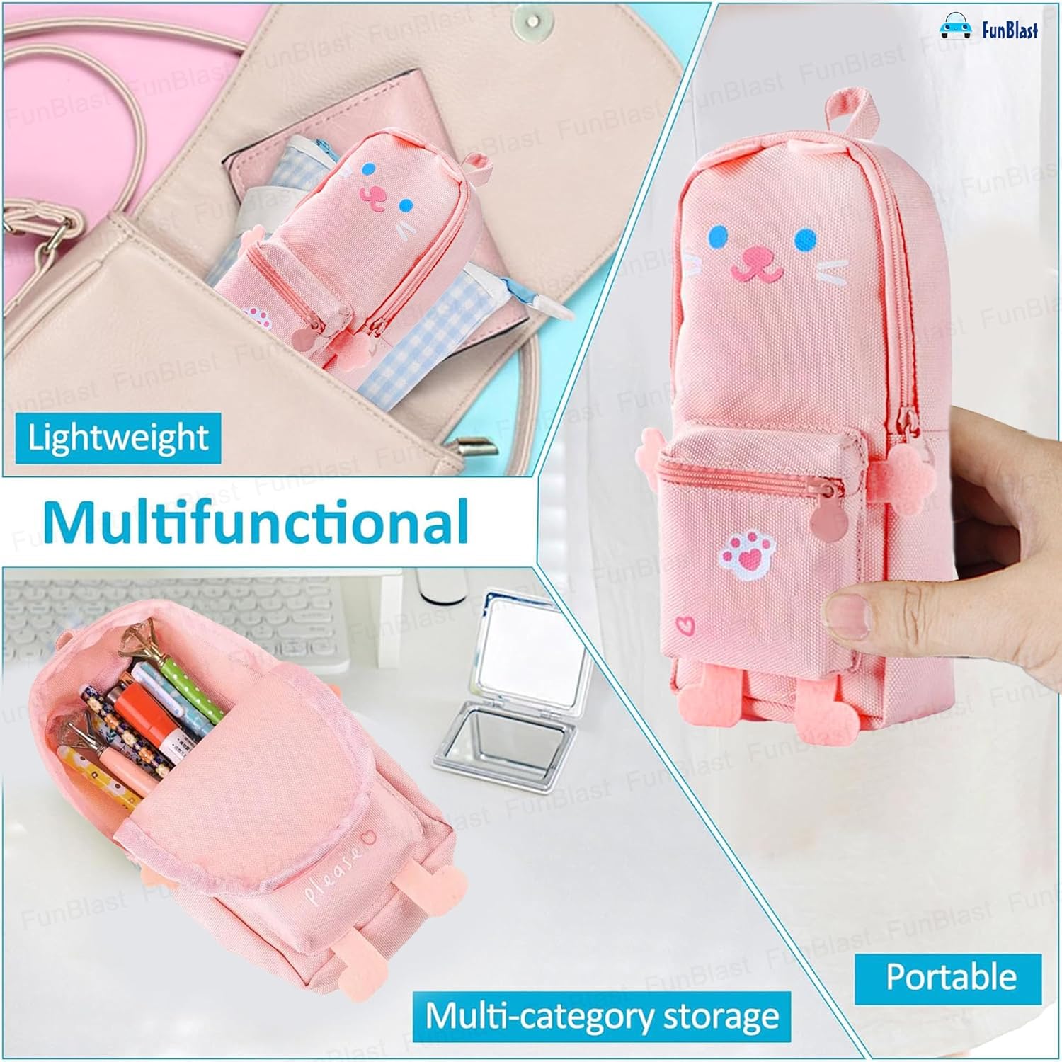 Hangable Canvas Pencil Pouch for Kids (Pink-Cat)