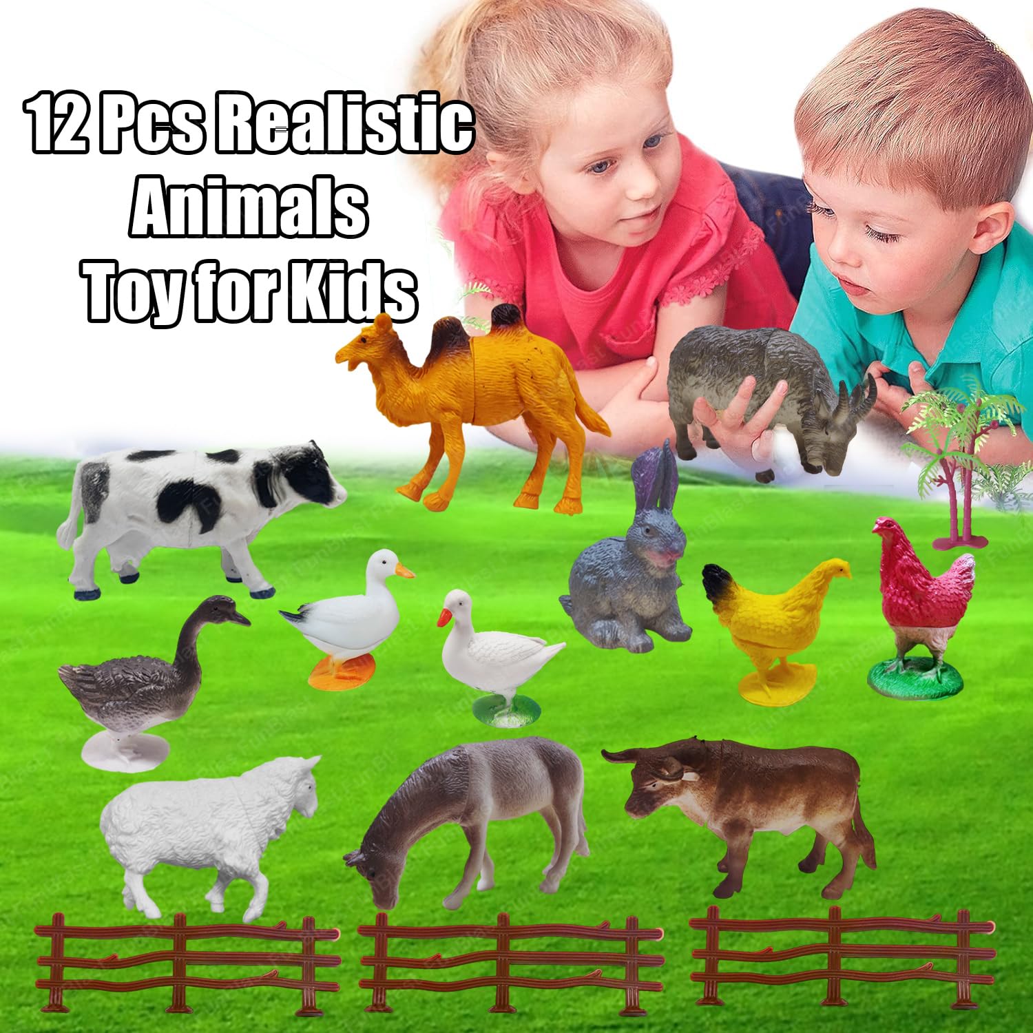 My Farm Animal Figure Toy - 12 Pcs Realistic Animals Toy for Kids with Fence Trees and Eggs