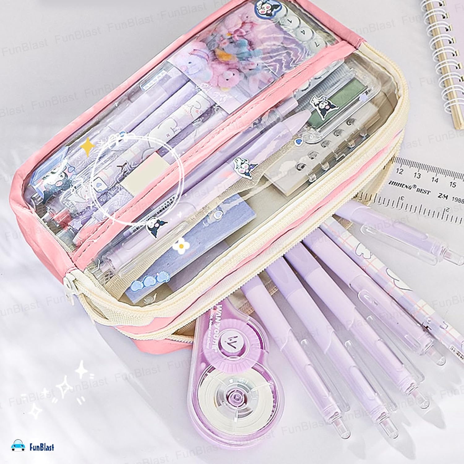 Multiple Compartment Double Zipper Pencil Pouch for Kids (Pink)