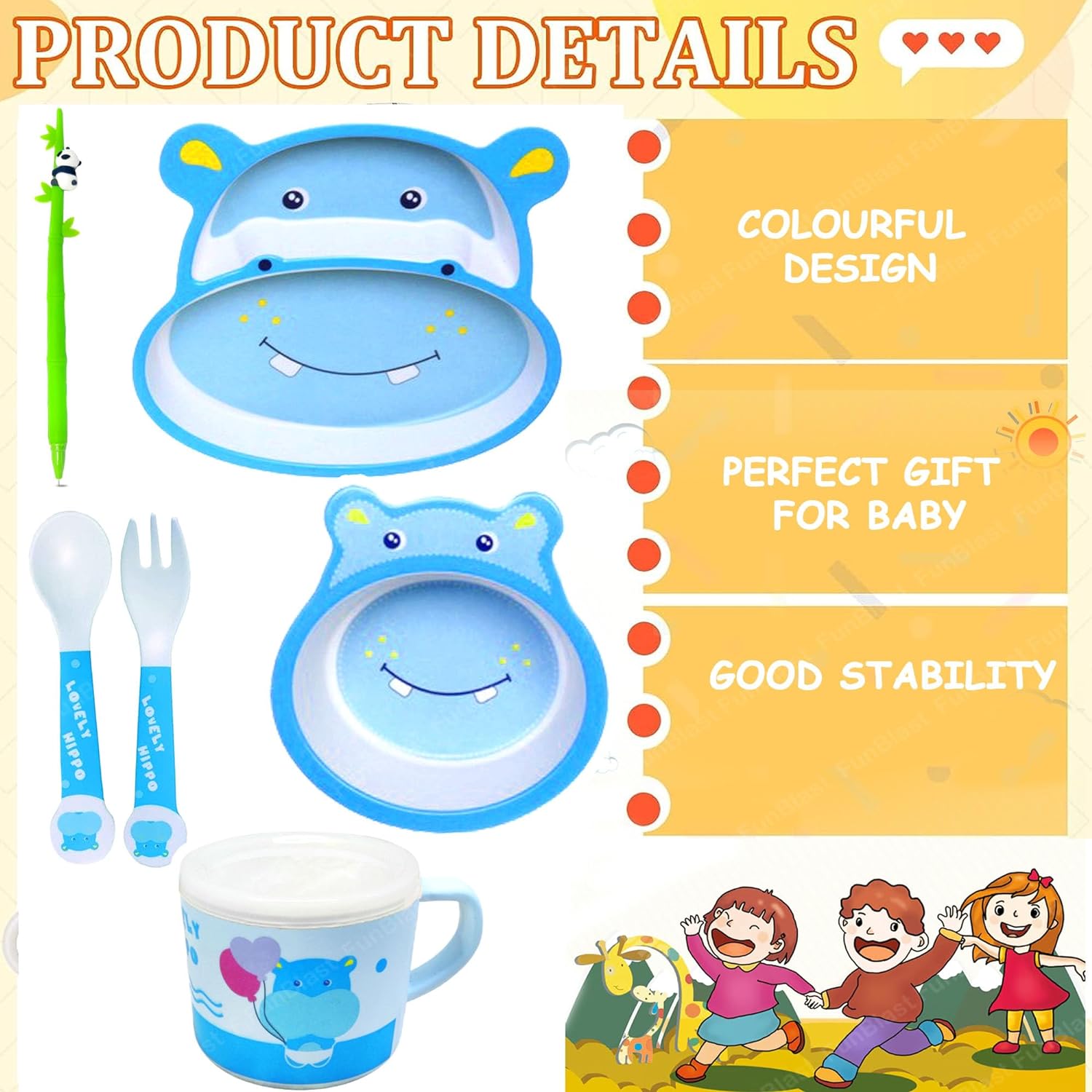 Bamboo Fiber Feeding Tableware Set for Kids – Hippo Design Bamboo Fiber Plate, Bowl, Cup, Spoon and Folk Kids Feeding Set