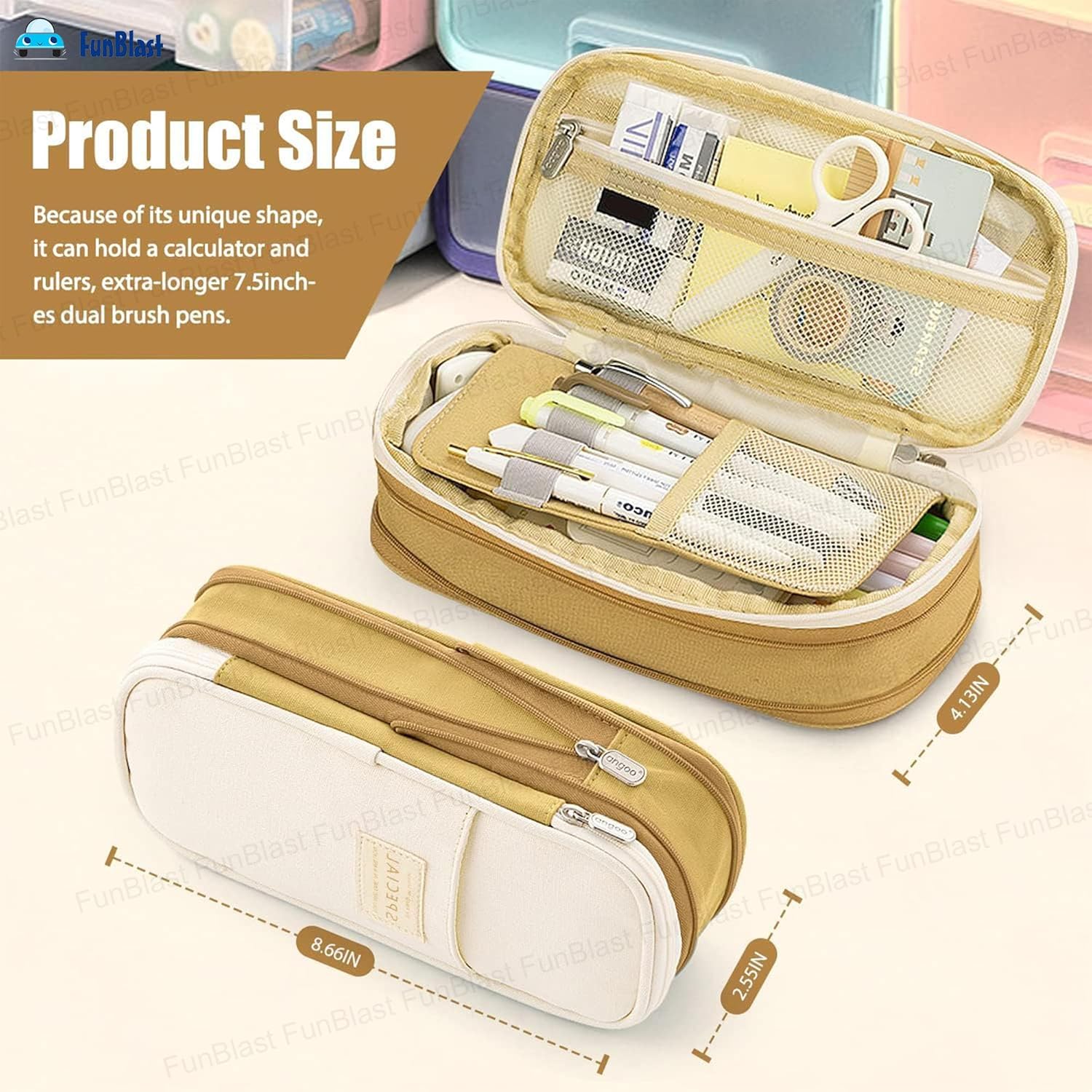 Multi-Compartment Double Zipper Portable Pencil  Pouch for Kids (Khaki)