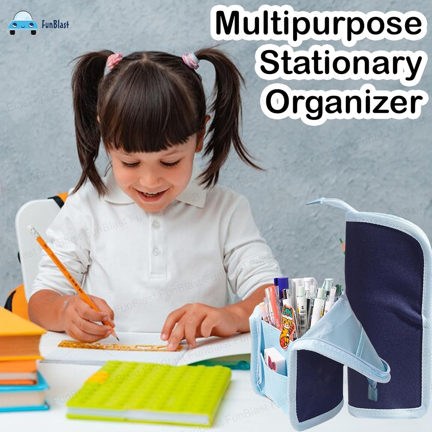 Korean Boba Pop Up Stationery Organizer Pencil Pouch for Kids (Blue)