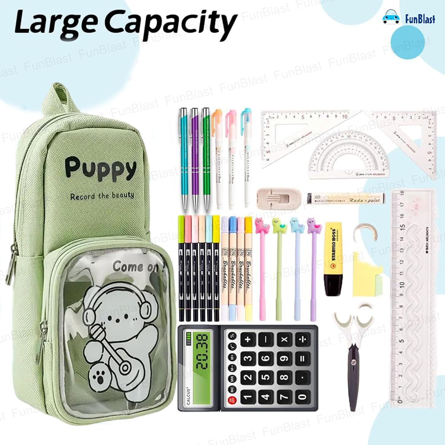 Cartoon Design Hangable Canvas Pencil Pouch for Kids (Green)