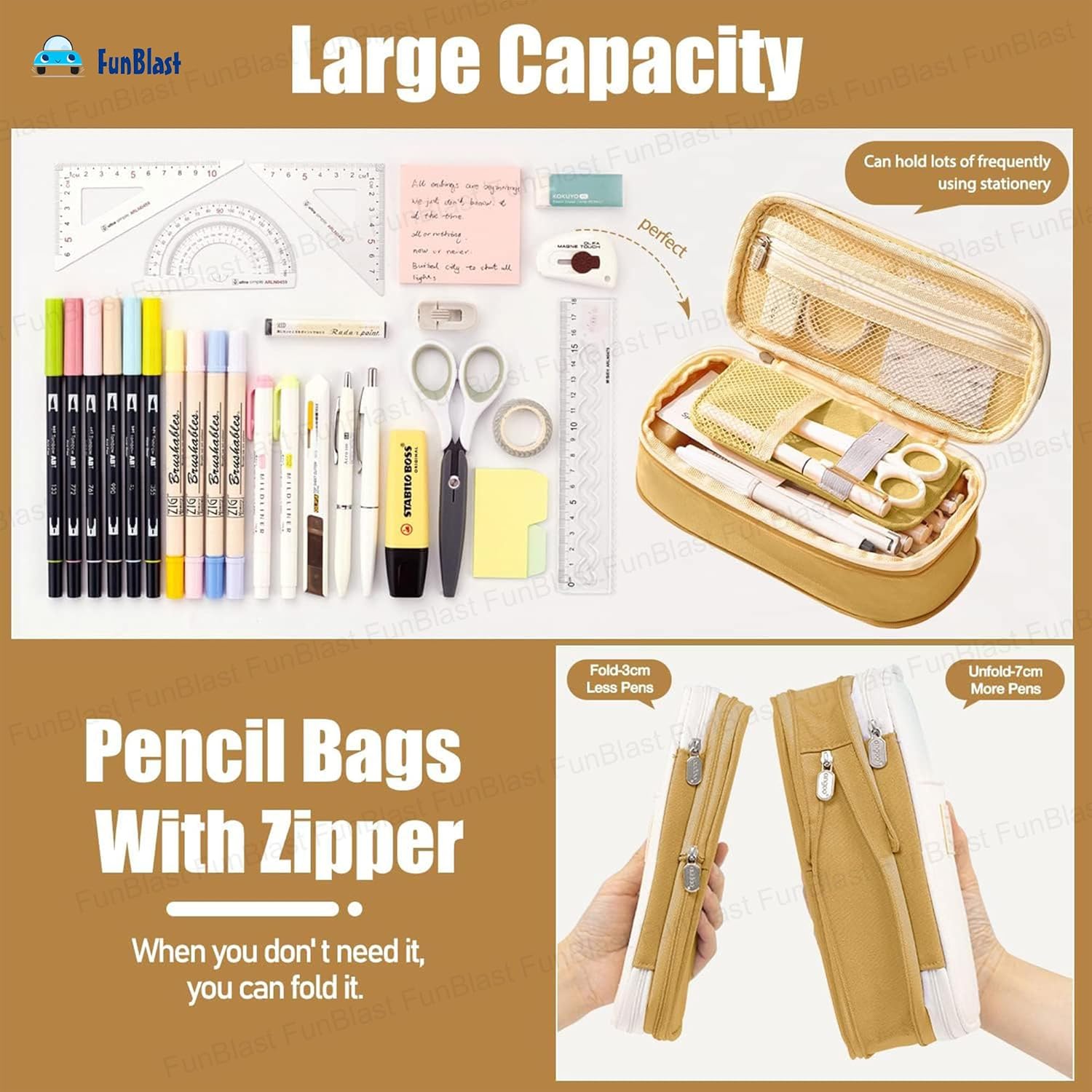 Multi-Compartment Double Zipper Portable Pencil  Pouch for Kids (Khaki)