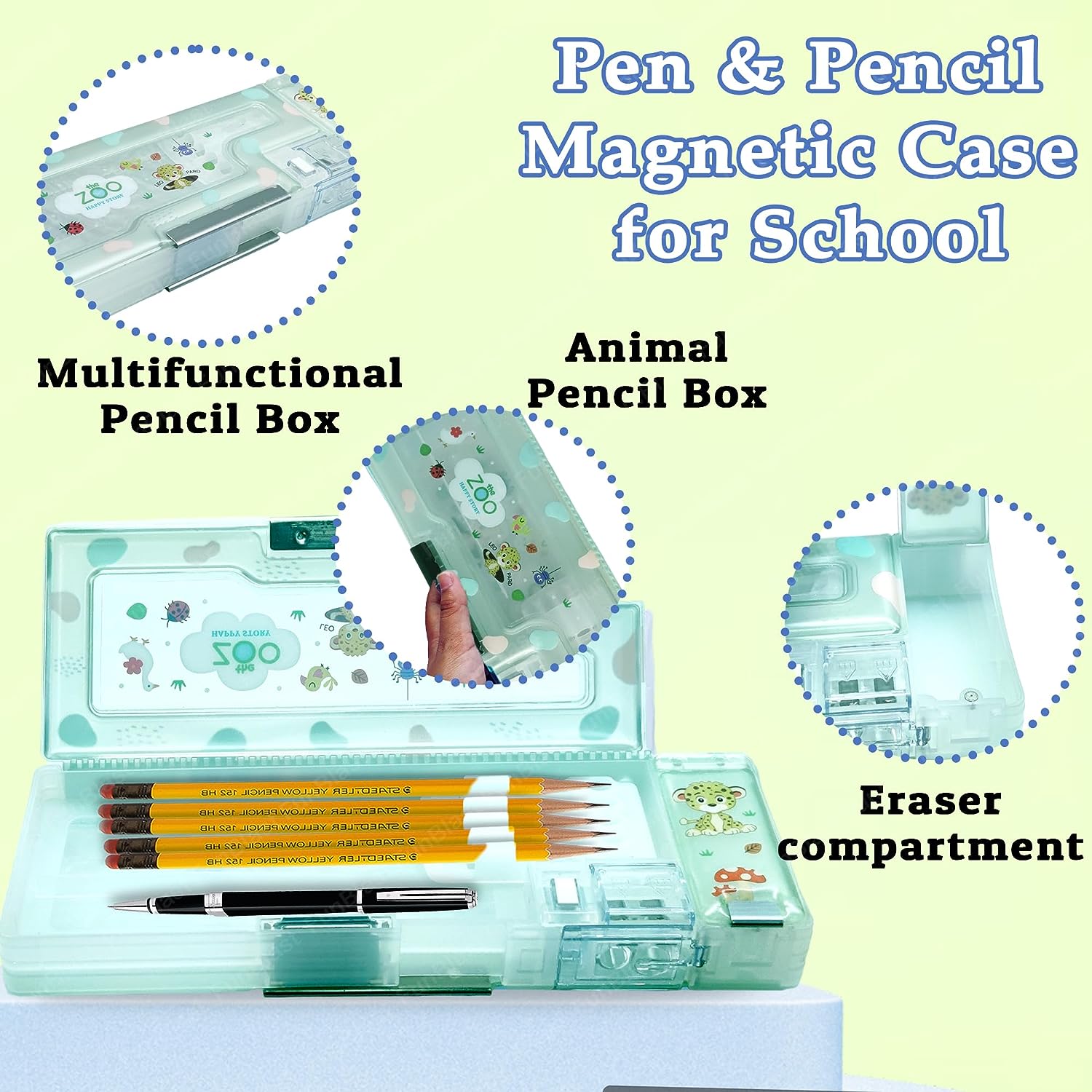 Magnetic Pencil Box with Sharpener – Cartoon Animal Zoo Themed Luxury Pencil Case for Kid