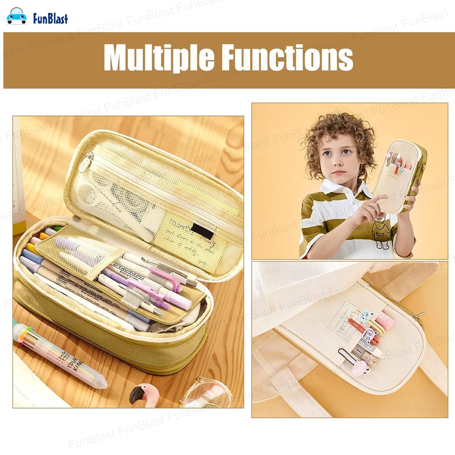 Multi-Compartment Double Zipper Portable Pencil  Pouch for Kids (Khaki)