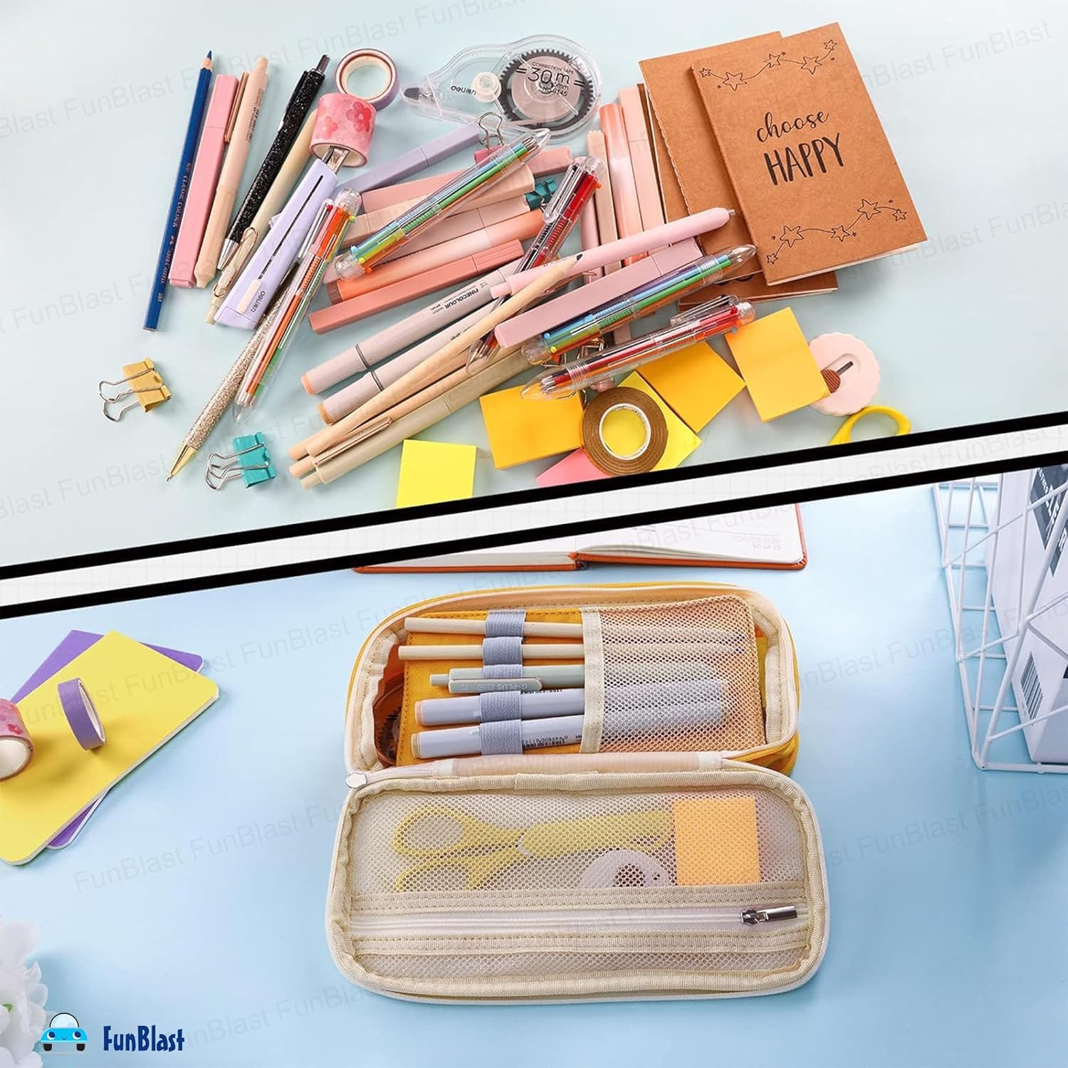 Multi-Compartment Double Zipper Portable Pencil  Pouch for Kids (Yellow)