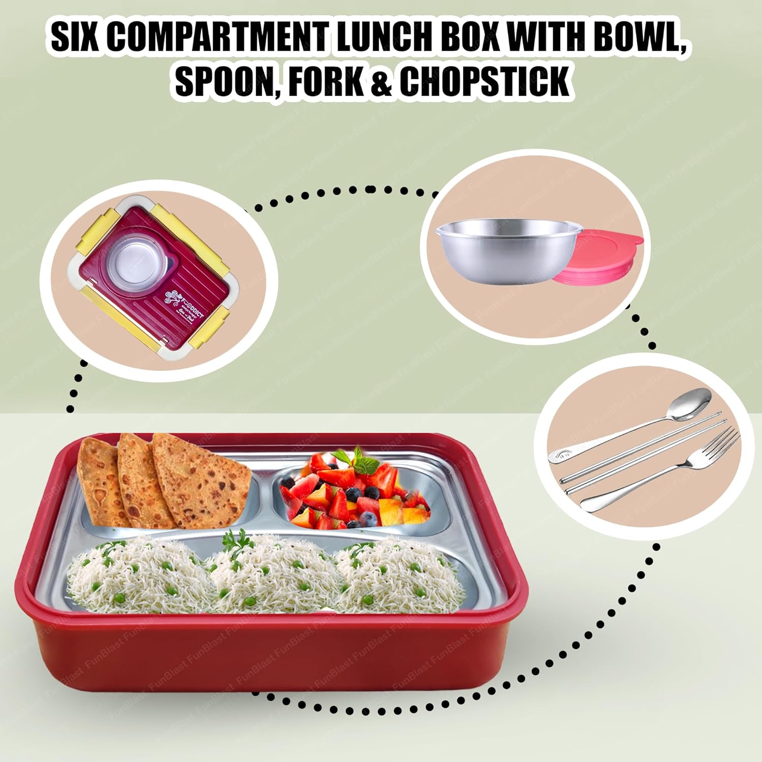 Lunch Box for Kids – Stainless Steel Lunch Box, 6 Compartment Lunch Box with Bowl, Spoon, Fork & Chopstick, Tiffin Box, Insulated Bento Lunch Box for Kids (Red)