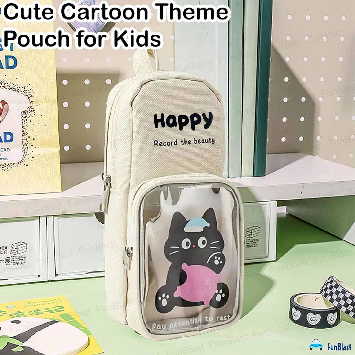 Cartoon Design Hangable Canvas Pencil Pouch for Kids (OffWhite)