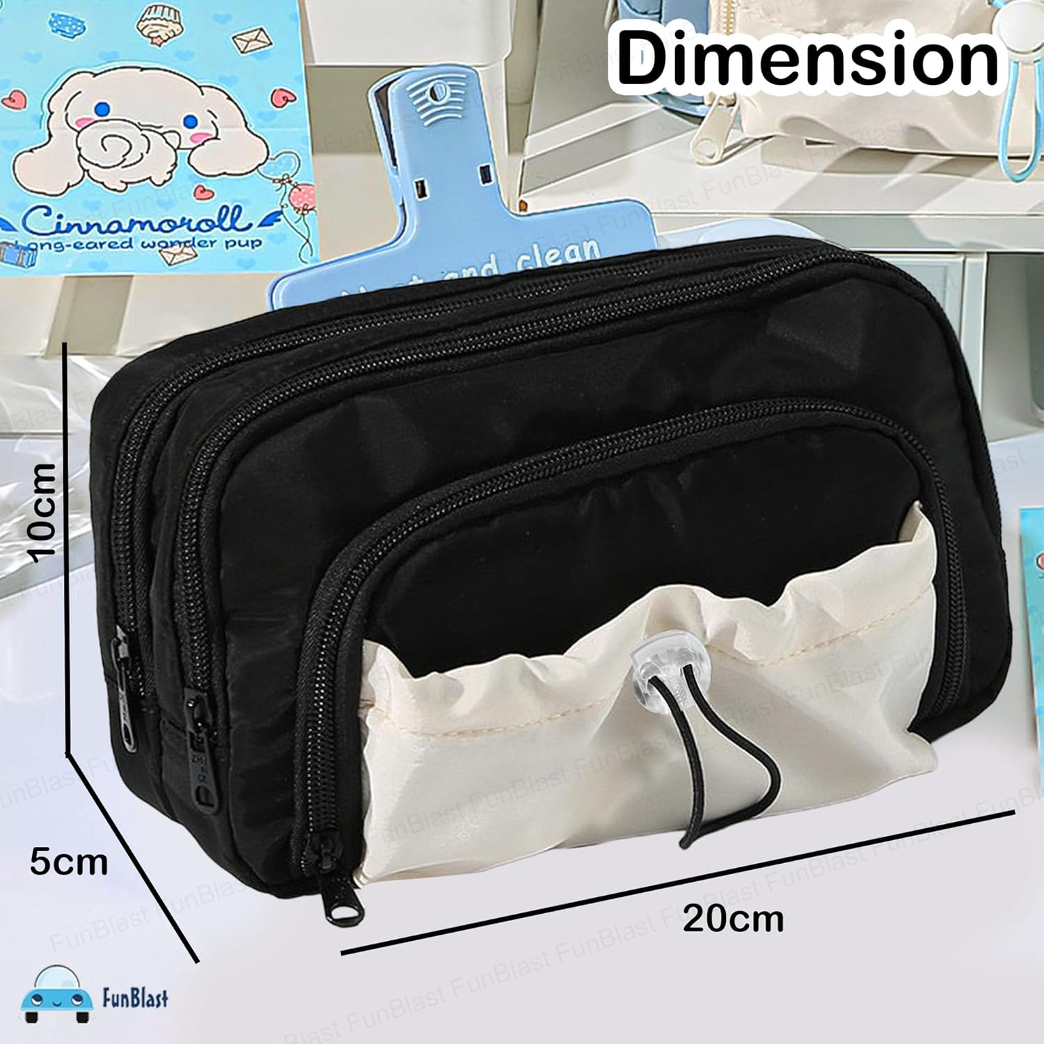 Kawaii Pencil Pouch With Drawstring Pocket (Black-White)