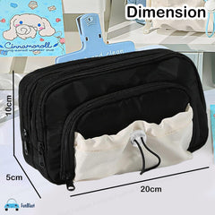 Kawaii Pencil Pouch With Drawstring Pocket (Black-White)