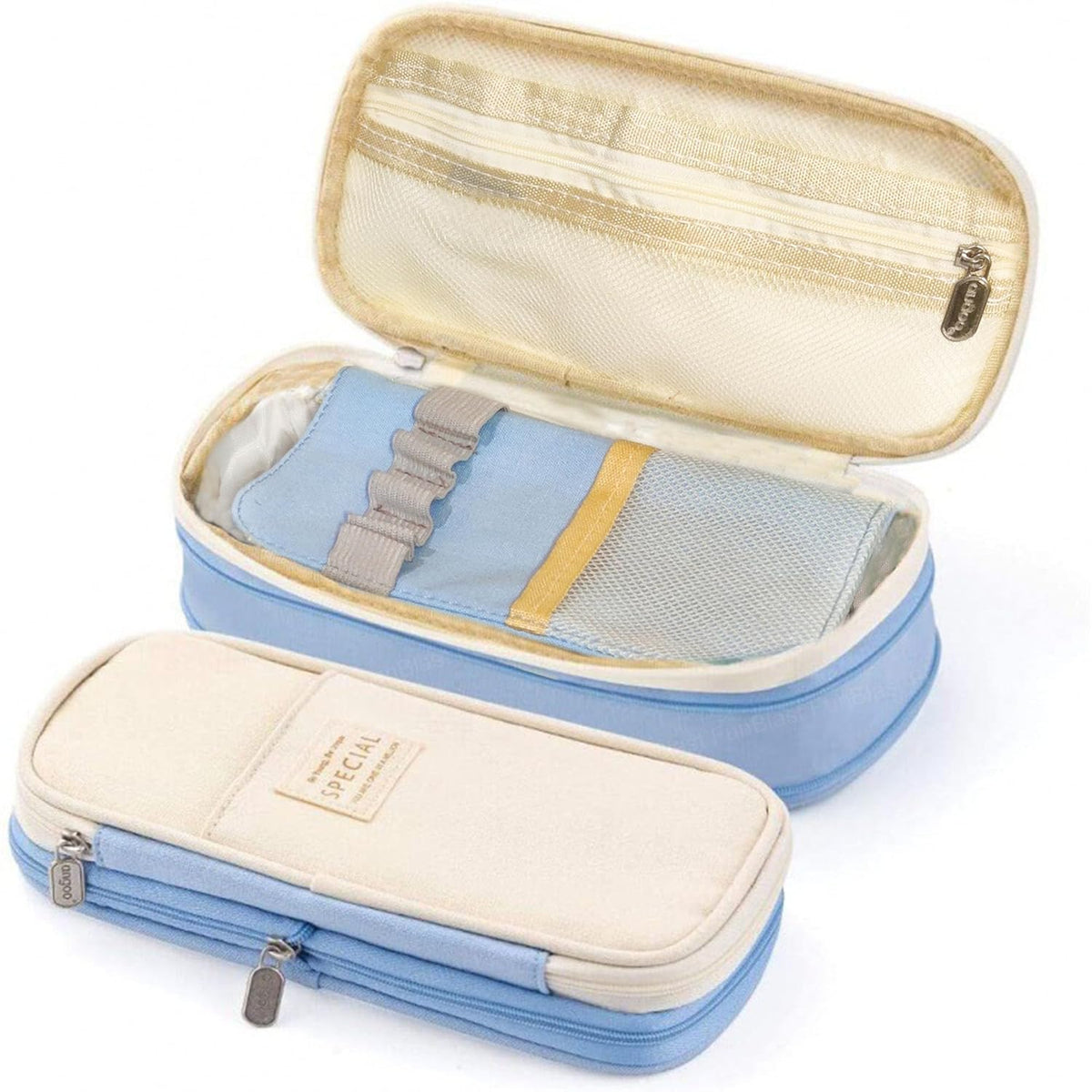 Multi-Compartment Double Zipper Portable Pencil  Pouch for Kids (Sky Blue)