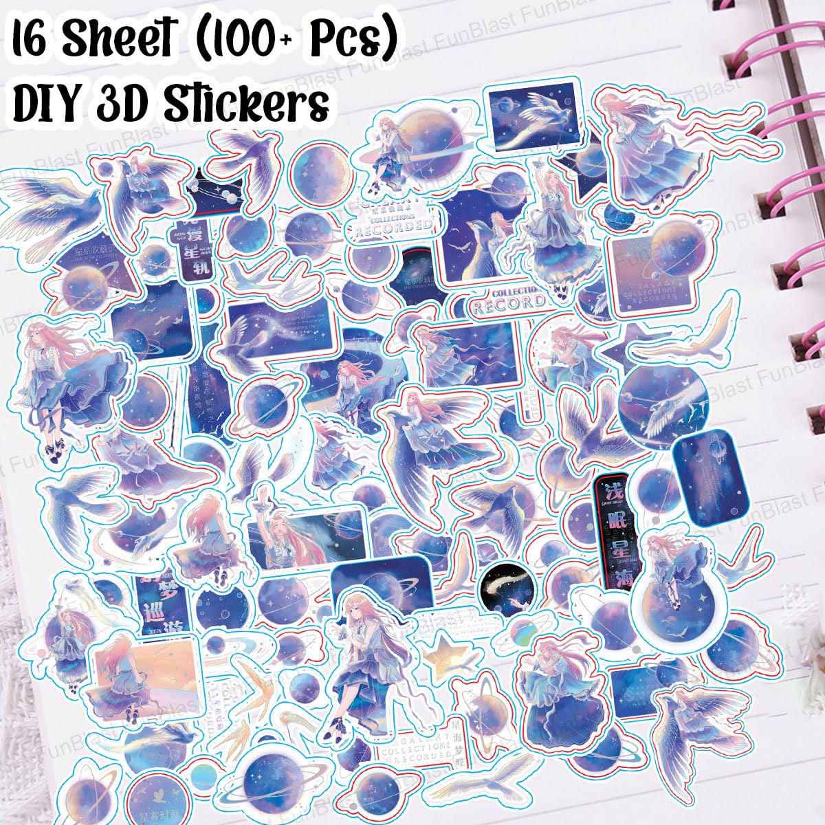 Kawaii Stickers Set – 16 Sheet (100+ Pcs) DIY 3D Stickers for Girls, Aesthetic Sticker, Stickers for Journaling (GalaxyCollections-4X4=16Sheet)