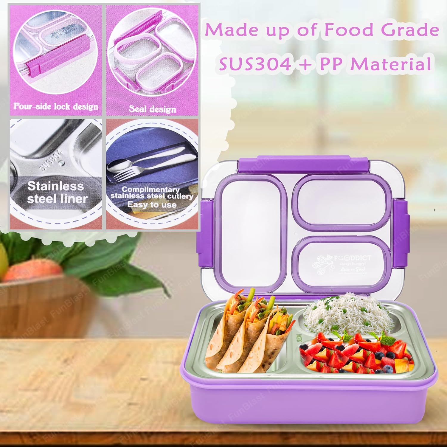 Lunch Box for Kids – Tiffin Box, Stainless Steel Lunch Boxes for Office Men, 3 Compartment Lunch Box with Spoon, Fork & Chopstick (Random Color)