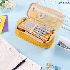Multi-Compartment Double Zipper Portable Pencil  Pouch for Kids (Yellow)