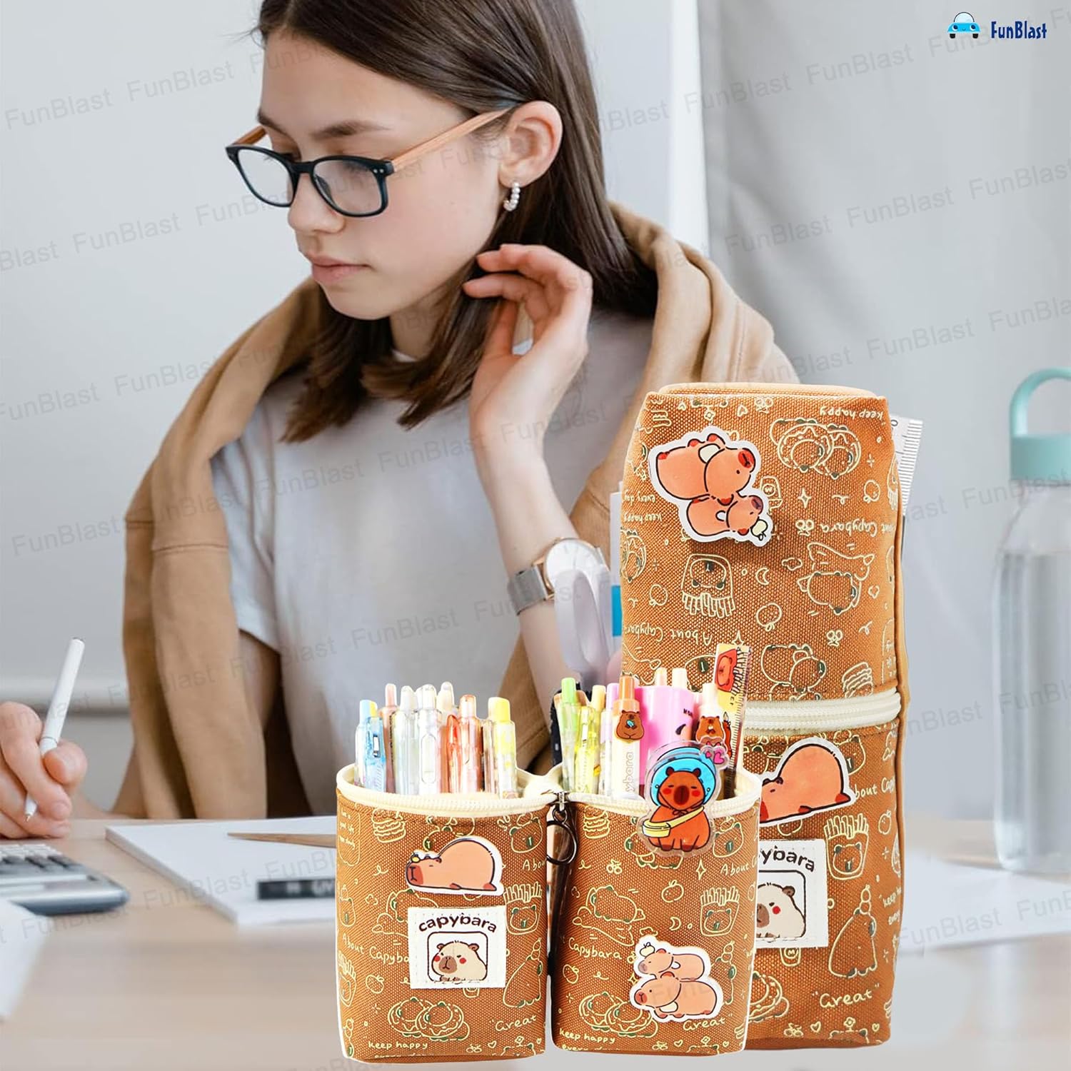 Korean Boba Pop Up Stationery Organizer Pouch for Kids (Brown)