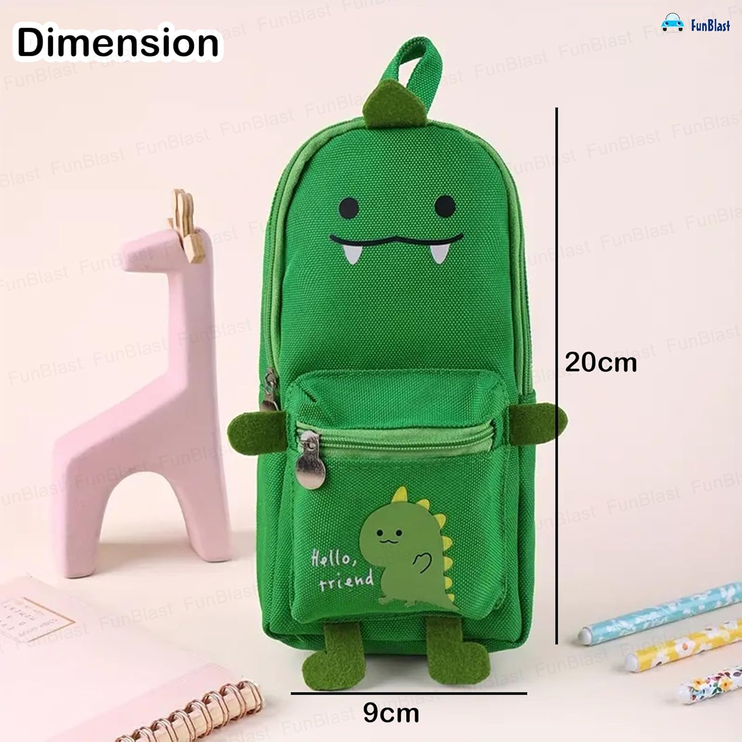Hangable Canvas Pencil Pouch for Kids (Green-Dino)