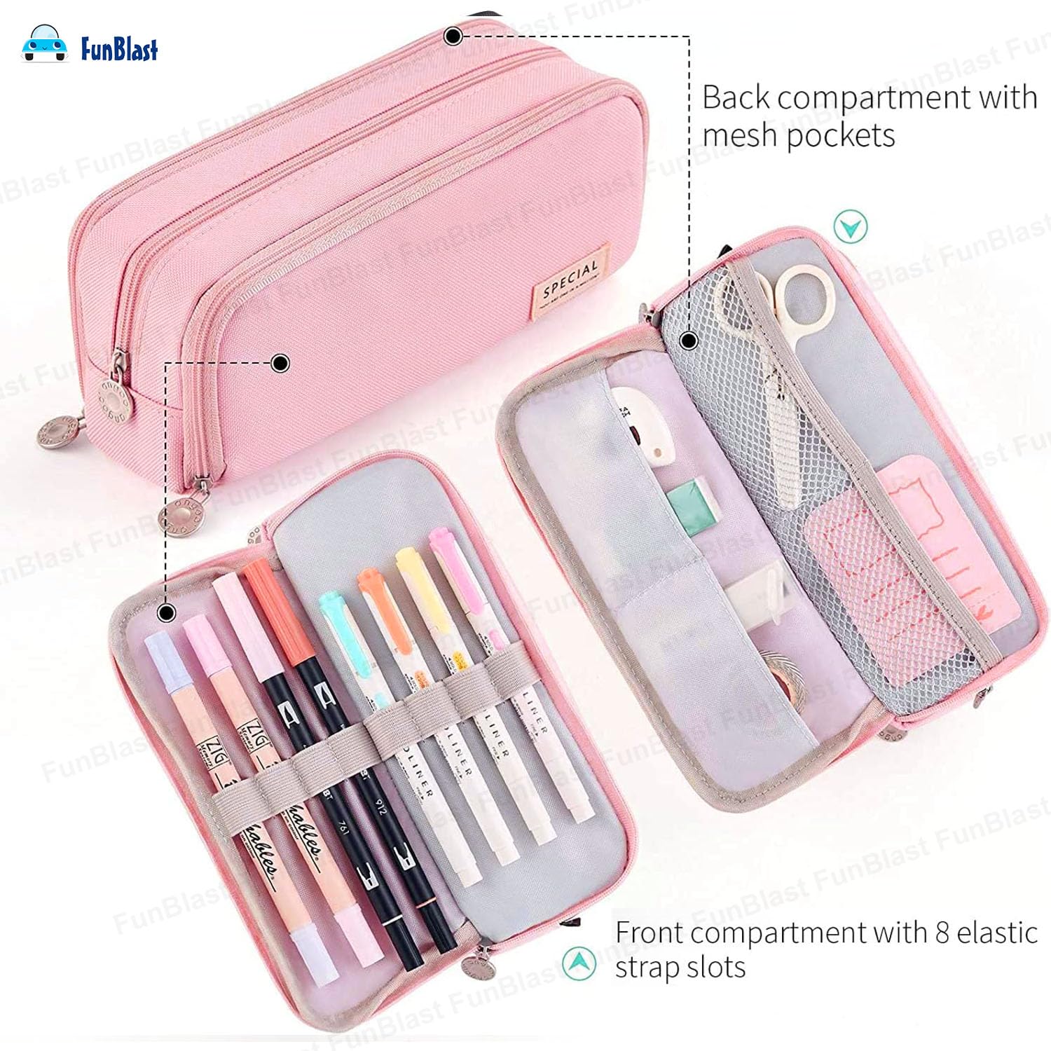 Multi-Compartment Canvas Stationery Organizer Pouch for Kids (Pink)