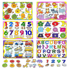 Set of 6 Puzzles Wooden Puzzle for Kids, Wooden Colorful Learning Educational Board for Kids Includes ABC, 123, Fruits, Numbers, Animals, Vehicles, Alphabet