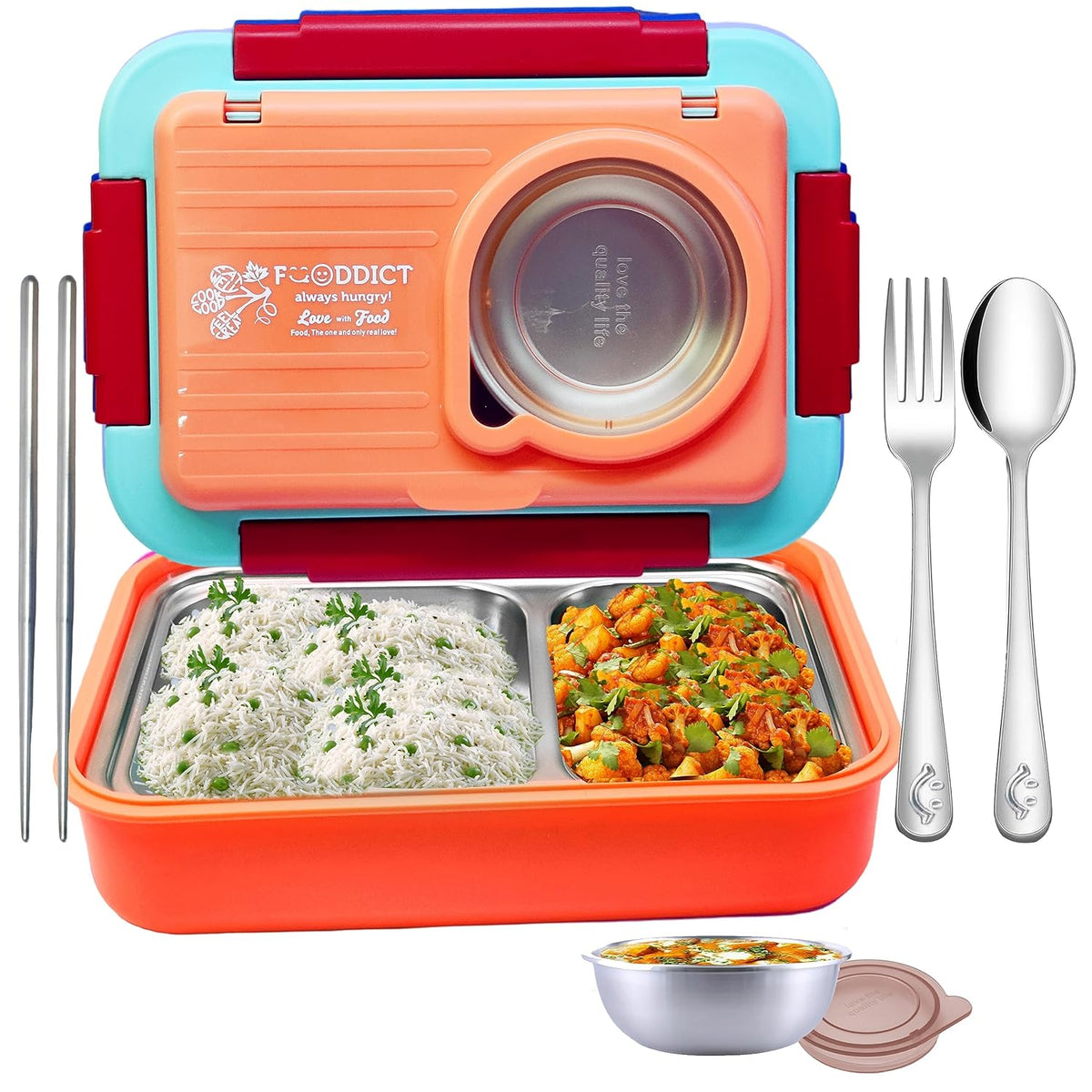 Lunch Box for Kids – Tiffin Box, Stainless Steel Lunch Box, Insulated Bento Lunch Box for Kids, 5 Compartment Lunch Box with Bowl, Spoon, Fork & Chopstick (Peach)