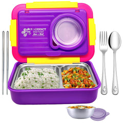 Lunch Box for Kids – Tiffin Box, Stainless Steel Lunch Box, Lunch Boxes for Office Men, 5 Compartment Lunch Box with Bowl, Spoon, Fork & Chopstick (Purple)